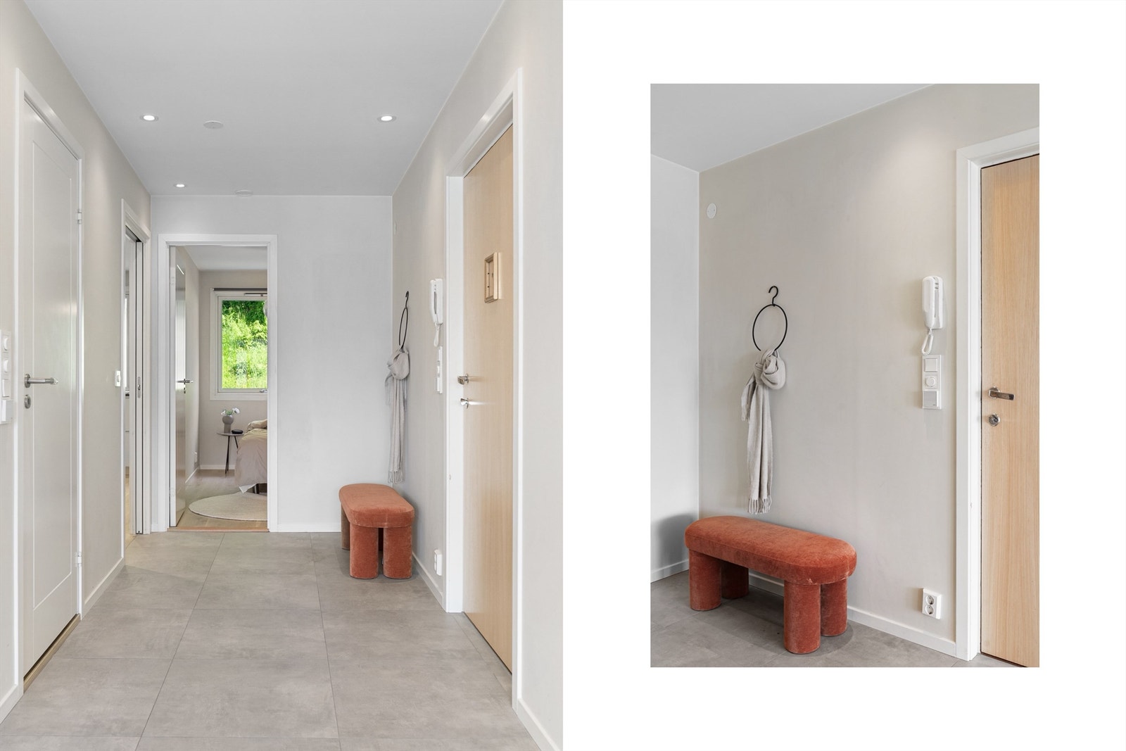 - Det første som møter deg over dørstokken er en lys og åpen gang med fliser på gulv - Galleribilde