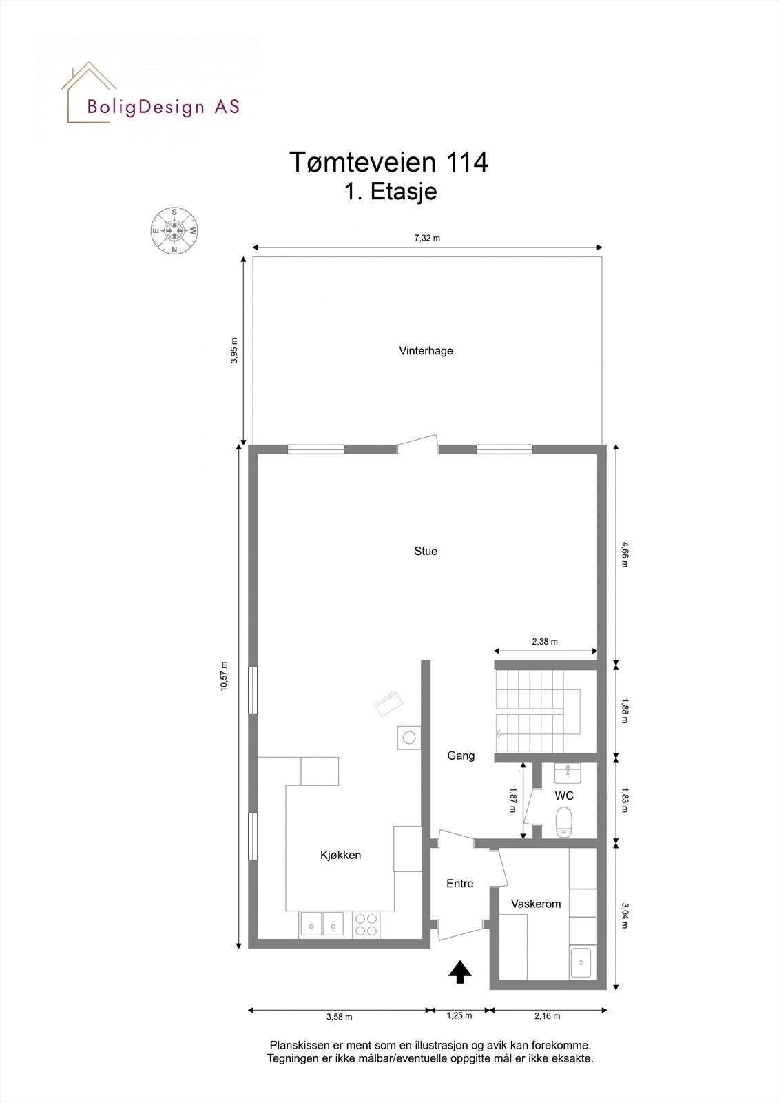 1.etasje består av entré, gang, vaskerom, toalettrom og stue/kjøkken og innglassert balkong Galleribilde