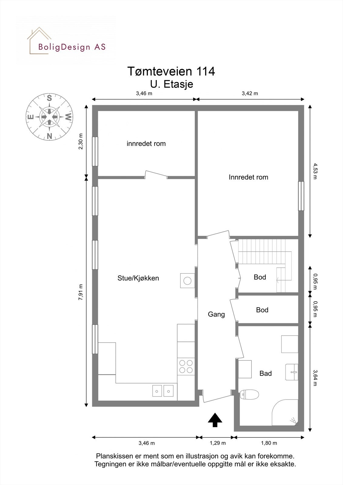 Hybeldelen består av gang, trapperom, bod og stue/kjøkken, bad/vaskerom og 2 soverom Galleribilde