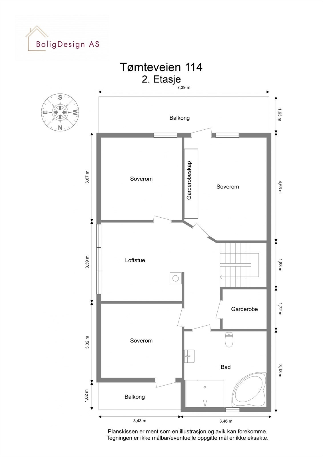 2.etasje består av gang, loftstue, bad, garderobe og 3 soverom Galleribilde