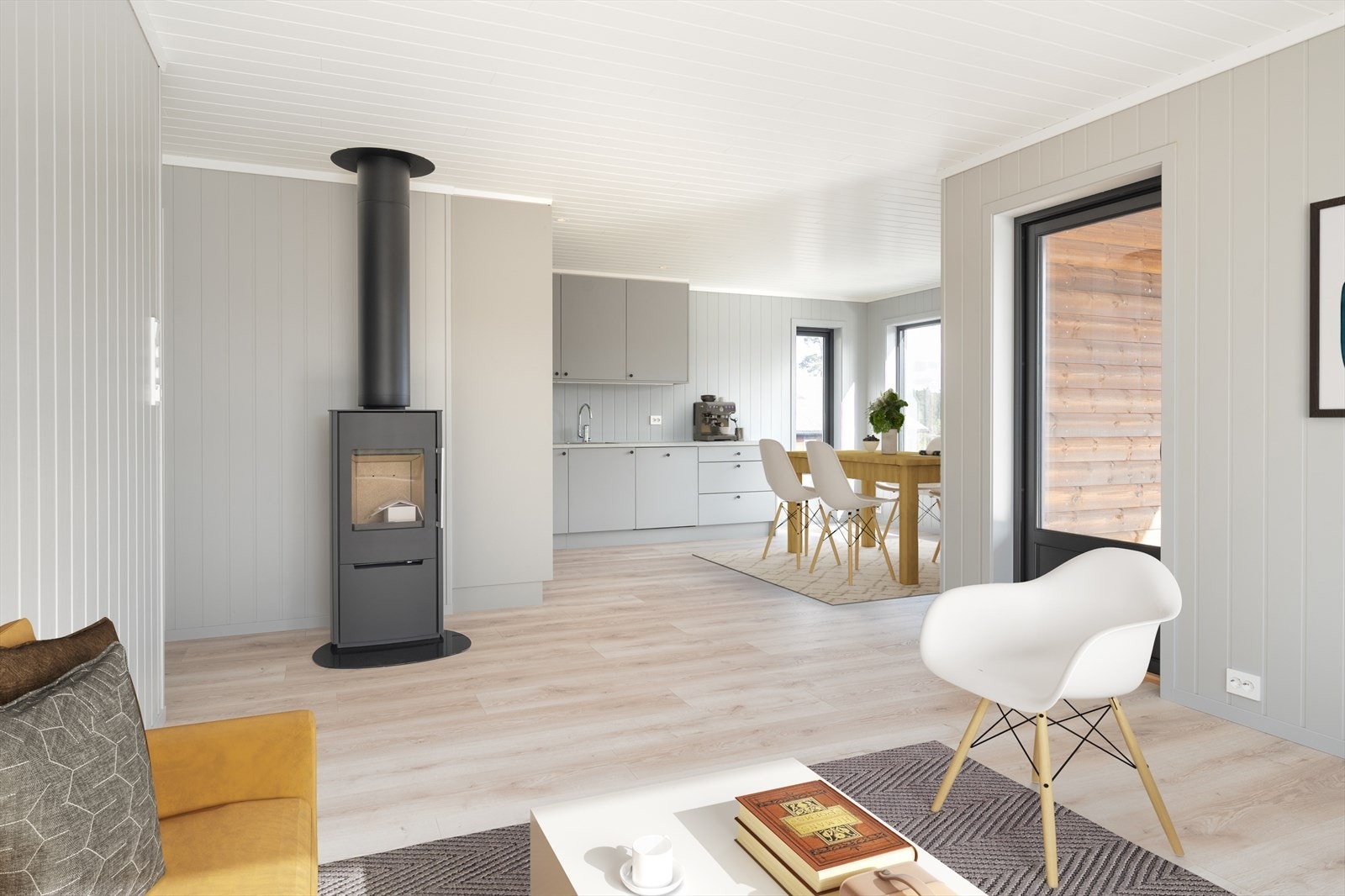 Sosialt allrom med åpen stue/ kjøkkenløsning (Digitalt stylet) Galleribilde