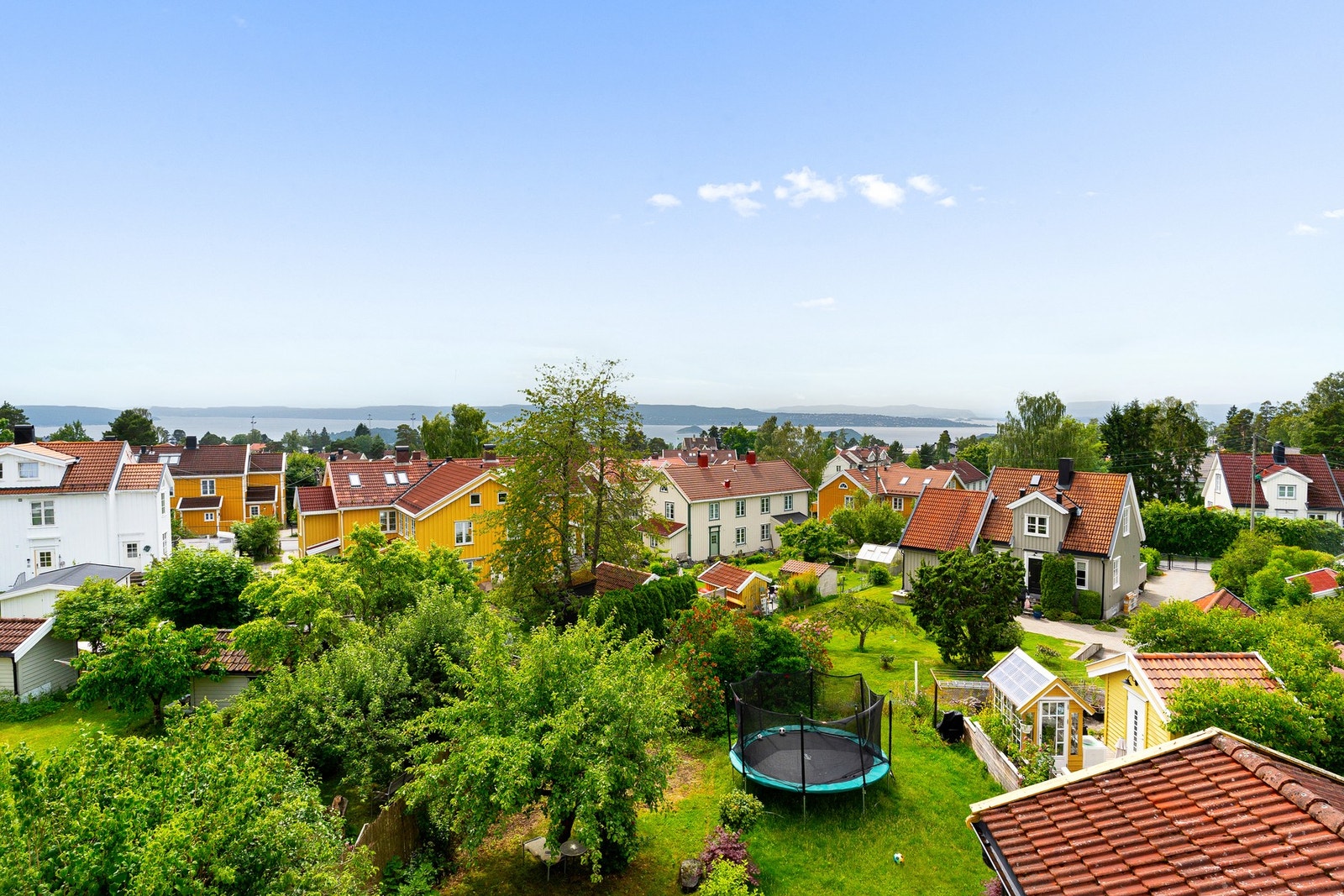 Utsikt over fjorden og grønt og frodig nabolag. Galleribilde