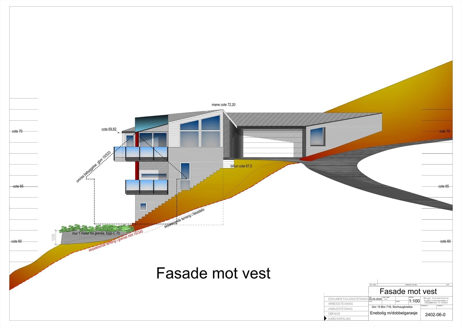 Moderne enebolig med dobbelgarasje, beliggende i skrånende terreng. Vestvendt fasade med store vinduer og flotte utsiktsmuligheter Galleribilde
