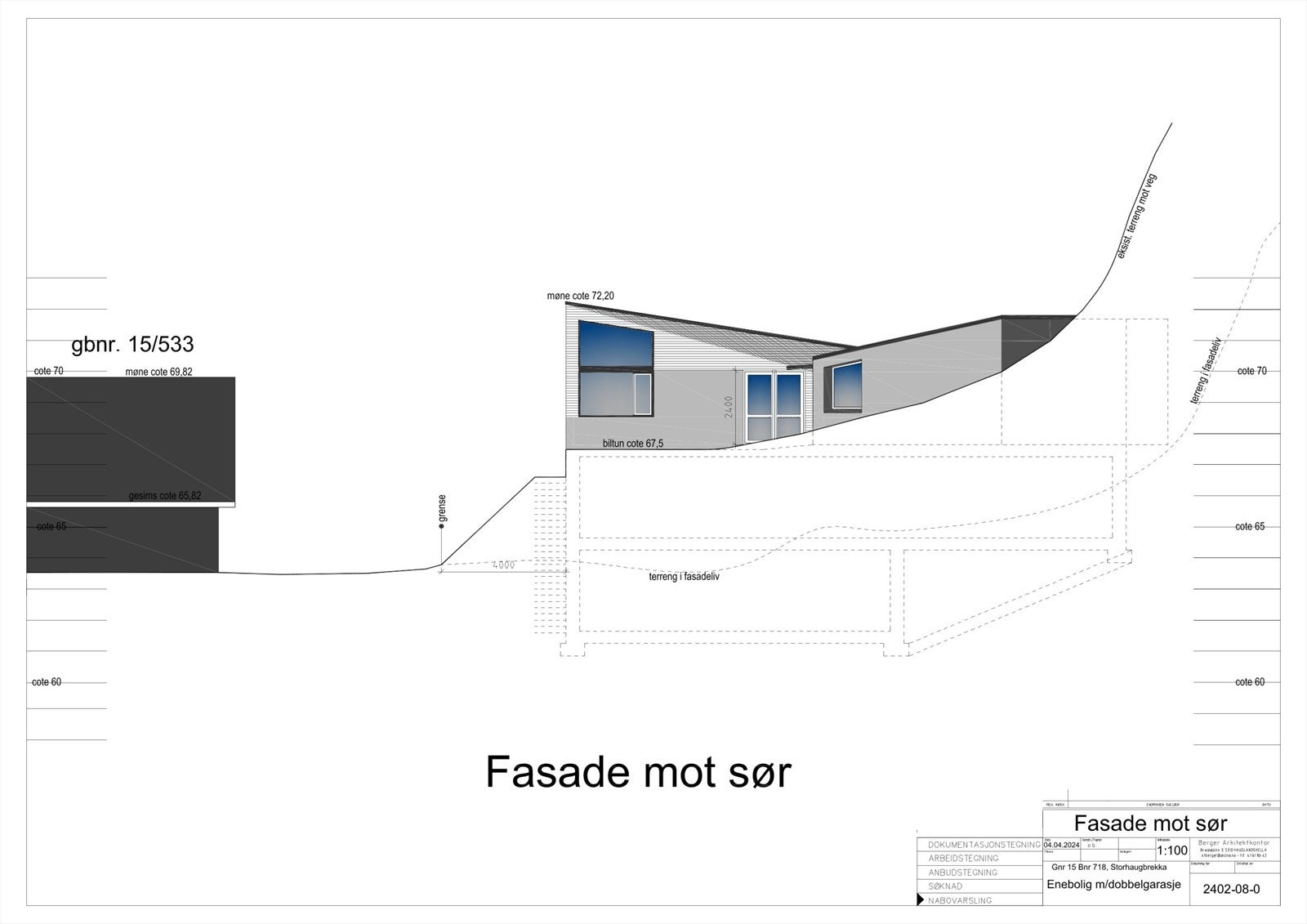 Sørvendt fasade med store vinduer gir rikelig lysinnslipp. Dobbelgarasje og tilpasset terreng. Galleribilde
