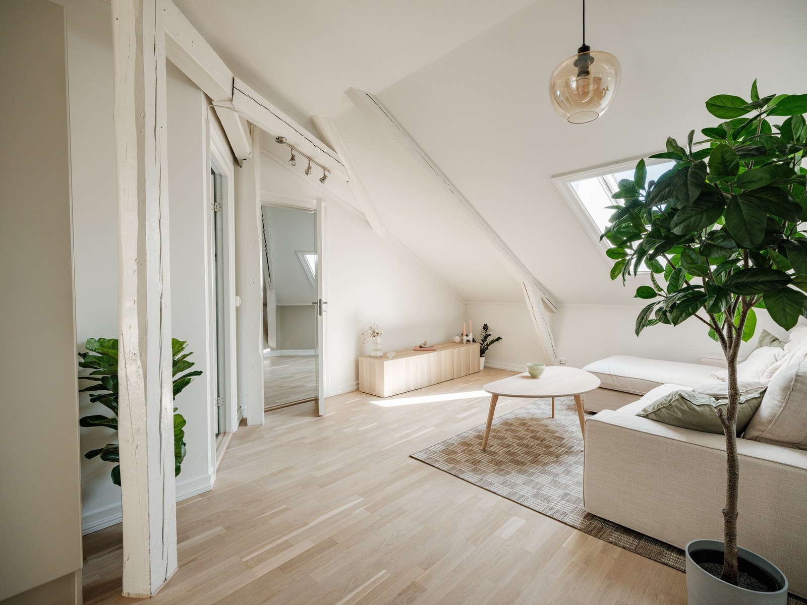 Leiligheten har en luftig planløsning med flere takvinduer. Galleribilde