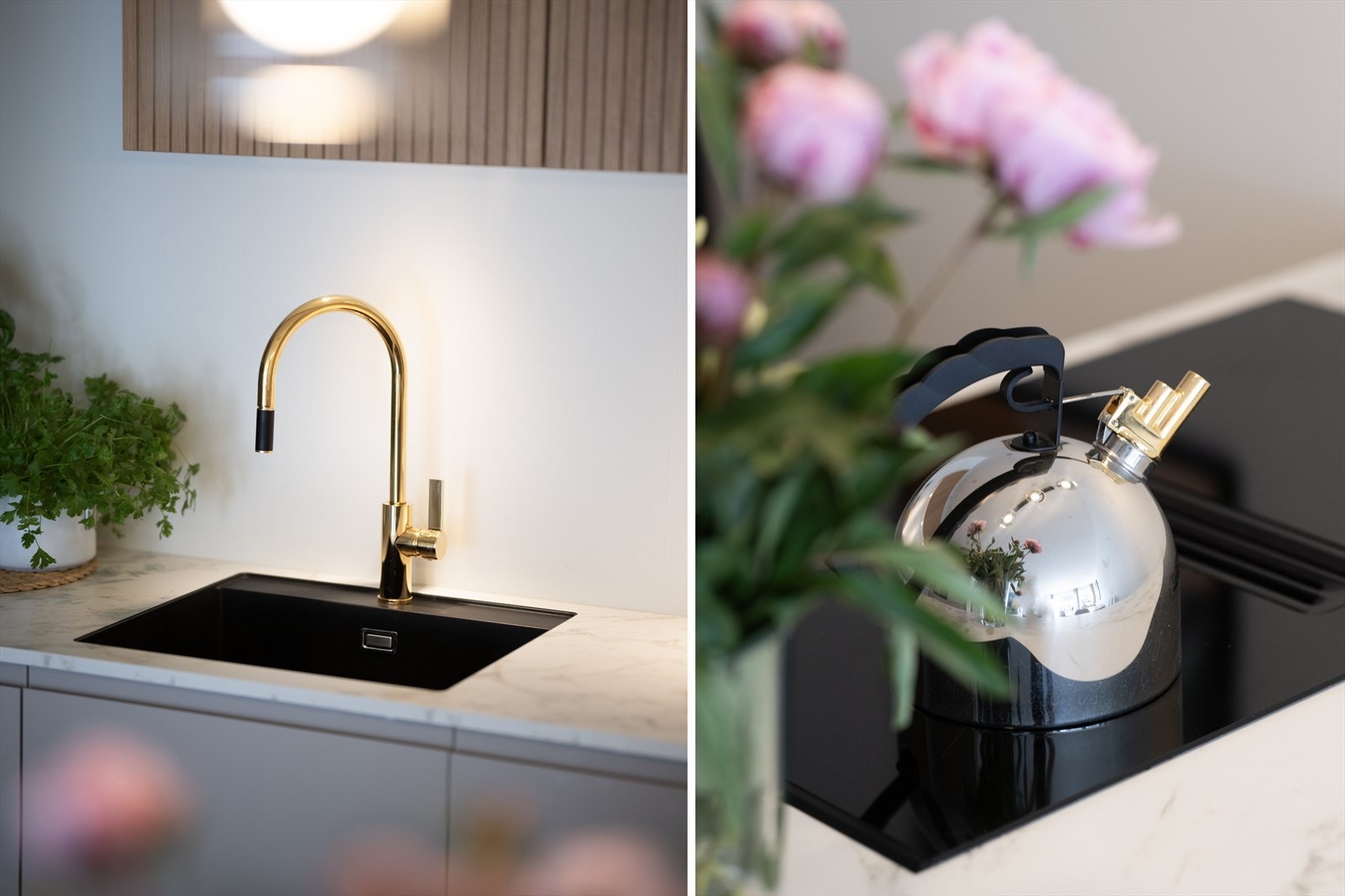 Meget delikat innredning med integrerte hvitevarer; kjøl/frys, vinskap, oppvaskmaskin, stekeovn og induksjonstopp med kullfilterventilator. Komfyrvakt og automatisk vannstopper. Galleribilde