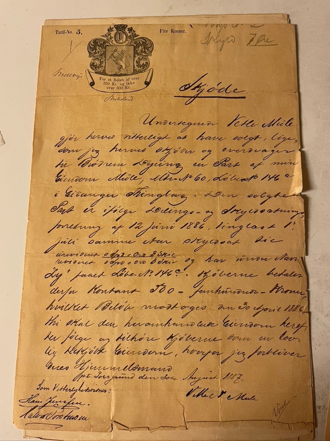 Opprinnelig skjøte på eiendommen. Eiendommen har navnet "Skovly". Galleribilde