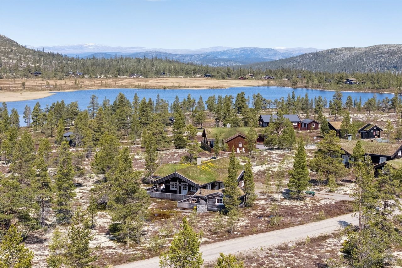 Dronebilde. Hytta ligger bare noen steinkast fra den idylliske Fåfengtjønnet Galleribilde