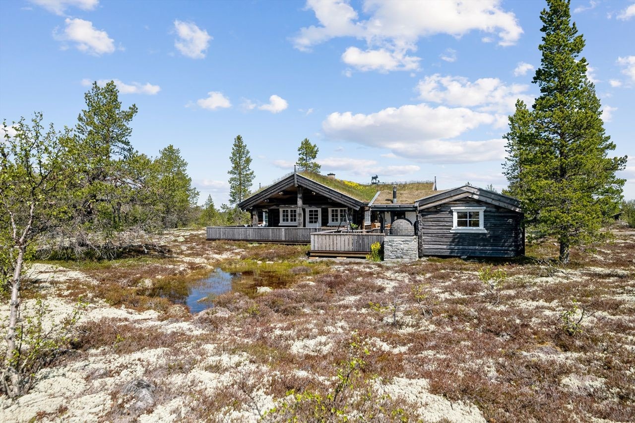 Hytta ligger meget fint til i terrenget. Her ser man til de mange fjellene i alle retninger Galleribilde