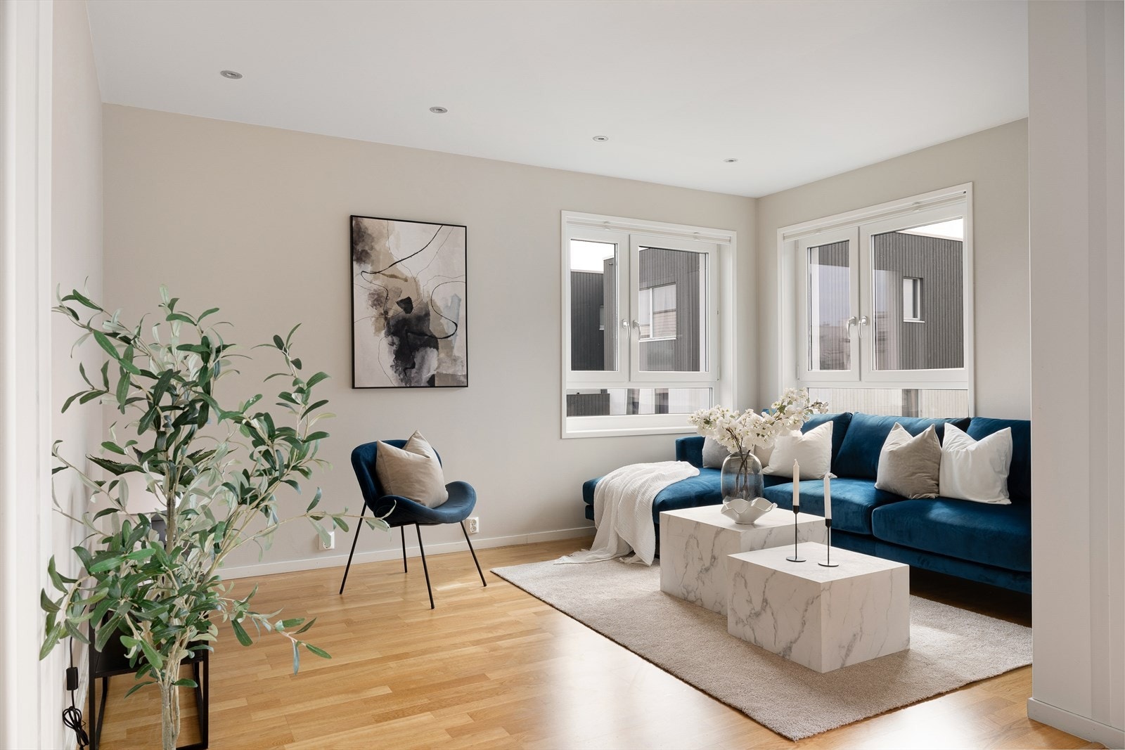 Stuen har åpen løsning mot kjøkken, men samtidig i egen sone Galleribilde