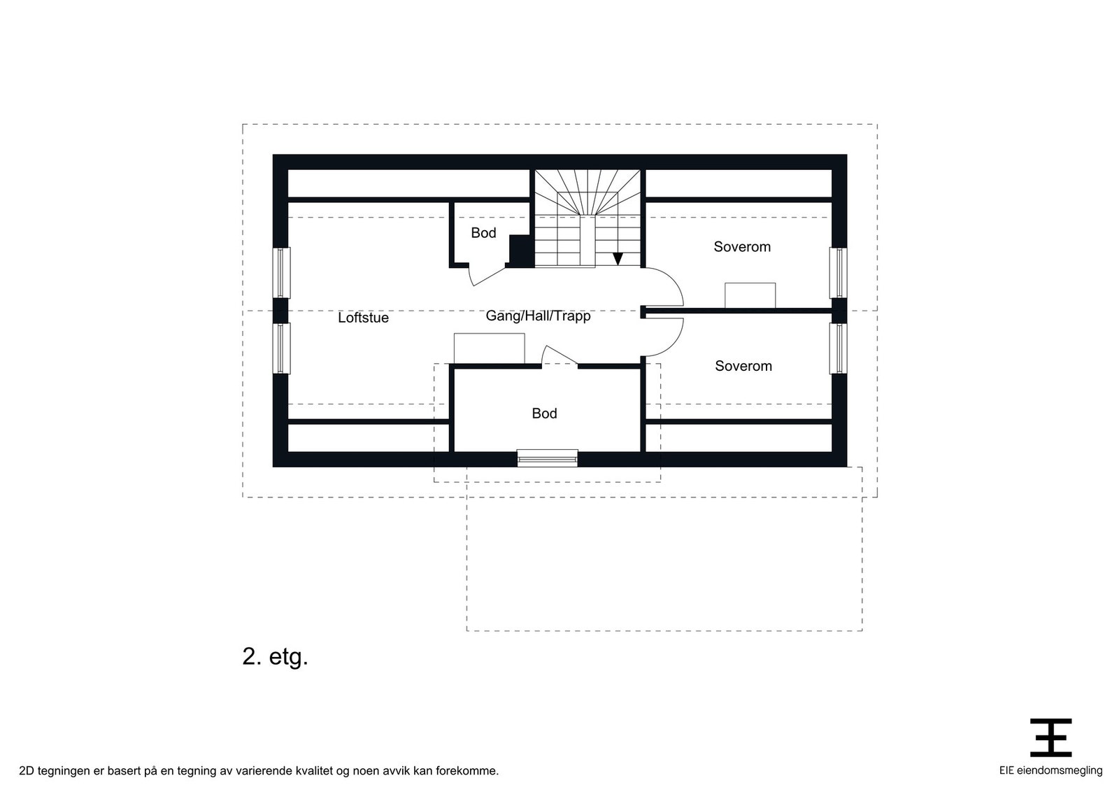 Planskisse 2 etg. I den største "boden" er det lagt opp rør og klart for å lage bad nr 2. Galleribilde