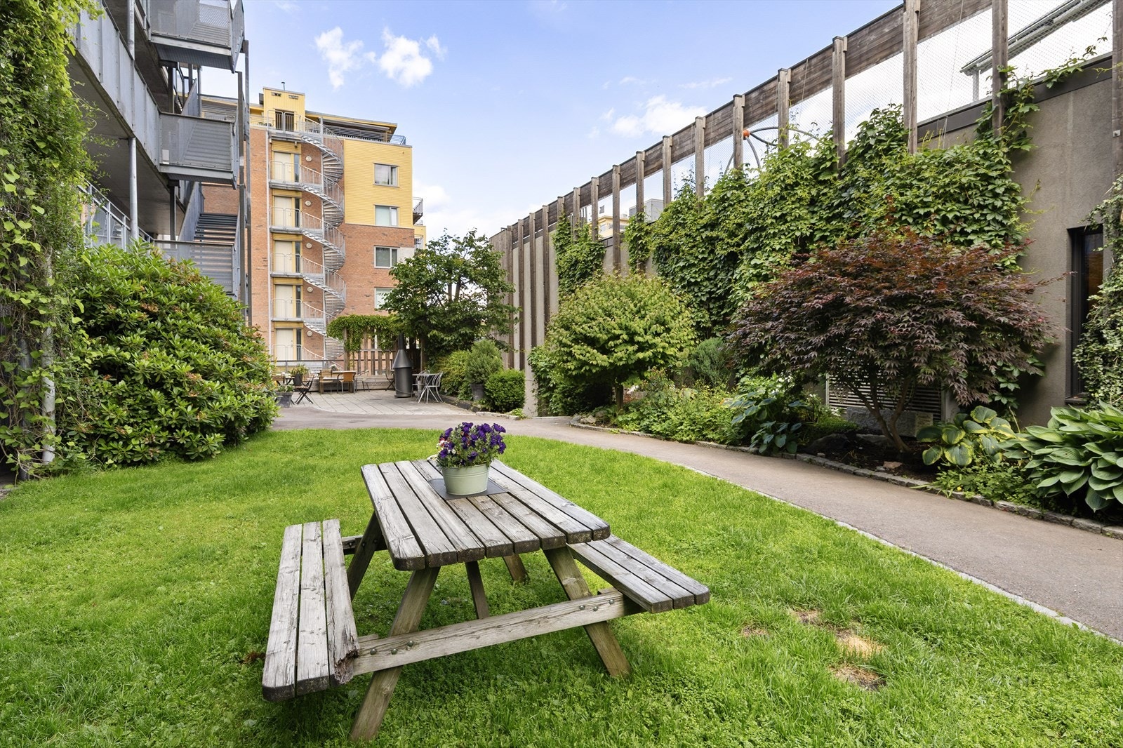 Sameiet har en pent opparbeidet bakgård med gressplen, beplantning og sittegrupper. Galleribilde