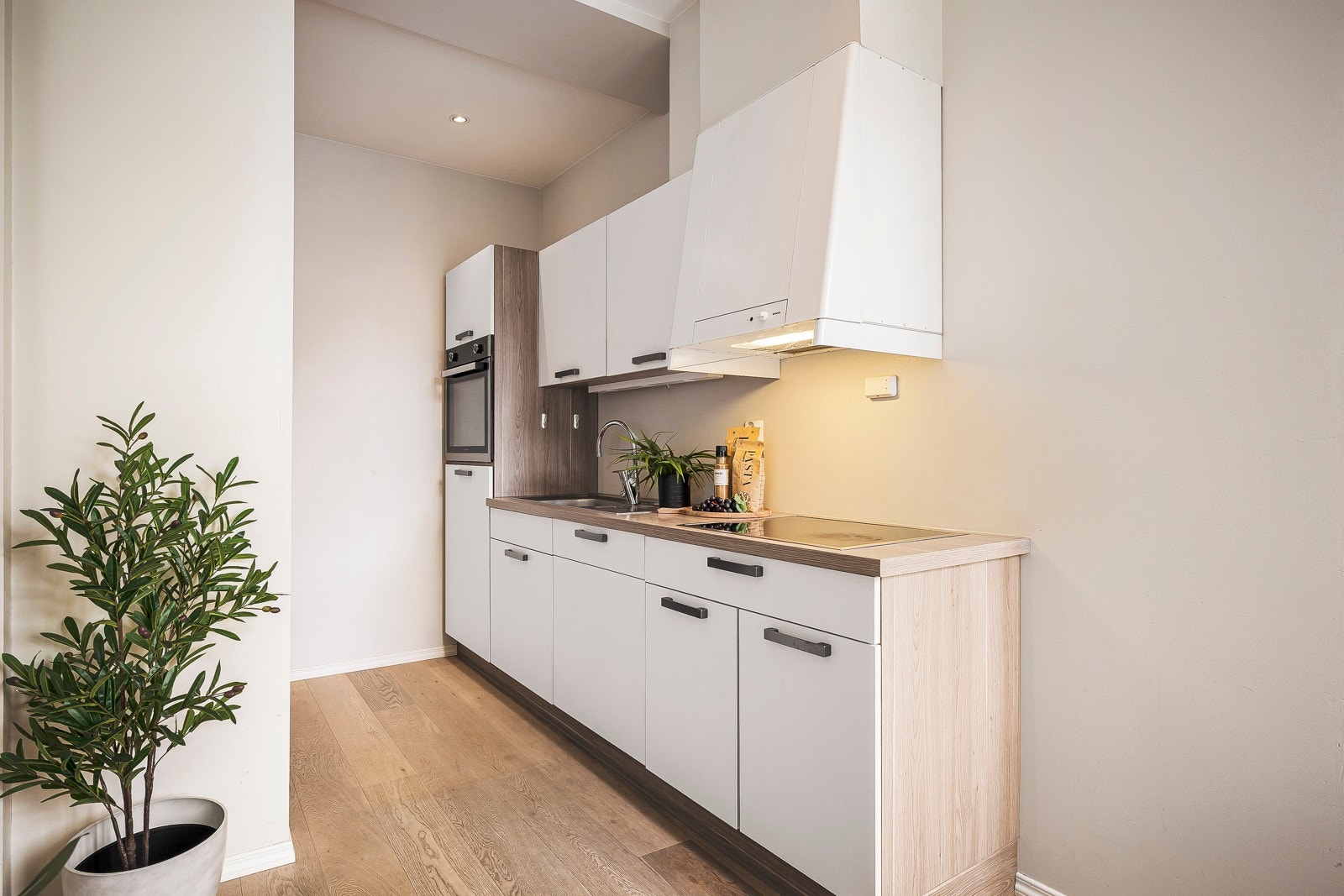 - Kjøkkenet fra Nobilia har integrerte hvitevarer som induksjonstopp, stekeovn, kjøleskap og oppvaskmaskin - Galleribilde