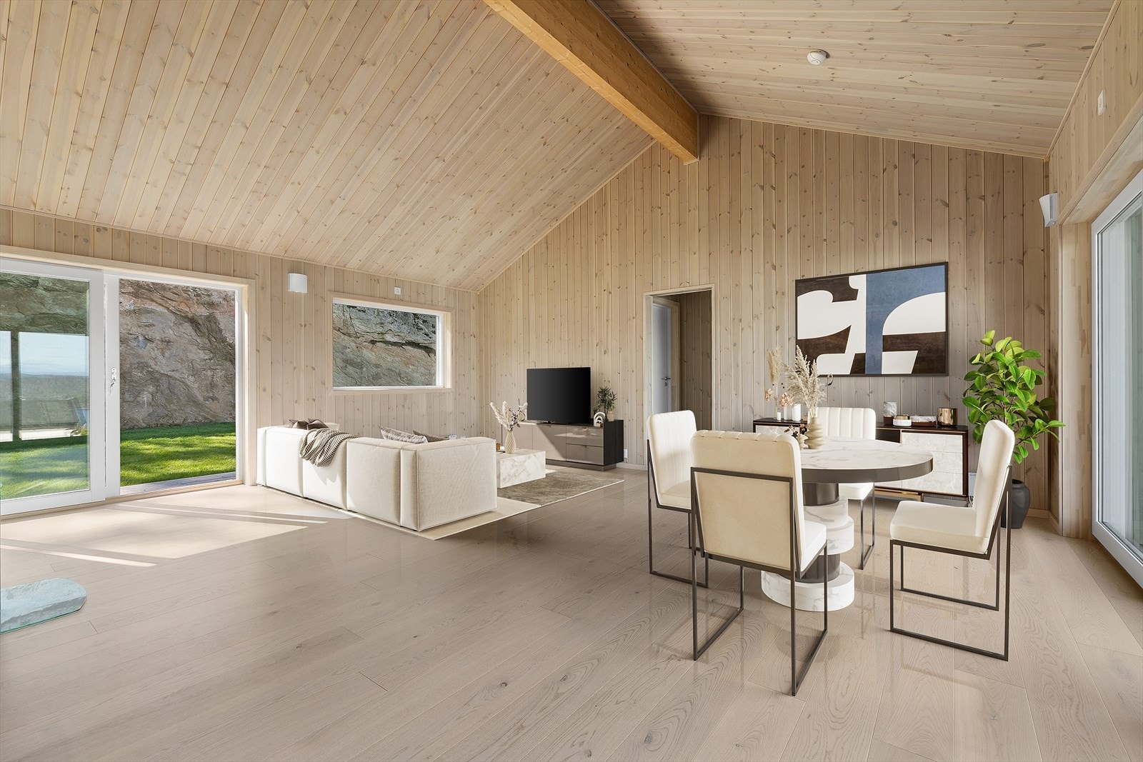 Hytta har gjennomførte materialvalg i høy kvalitet og en nordisk look inspirert av moderne skandinavisk design. (Digital styling). Galleribilde