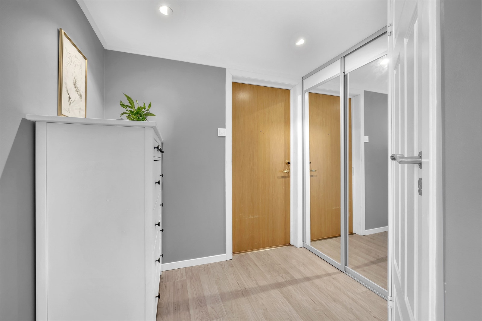 Boligen har en lys entré med gode muligheter for oppbevaring av sko og ytterklær. Praktisk skyvedørsgarderobe medfølger. Galleribilde