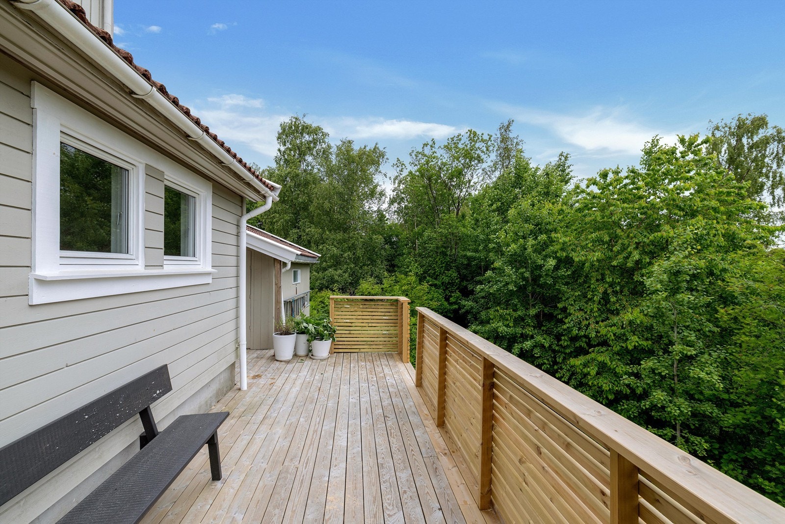 Skjermet terrasse på baksiden av boligen - omkranset av frodig skog. Galleribilde