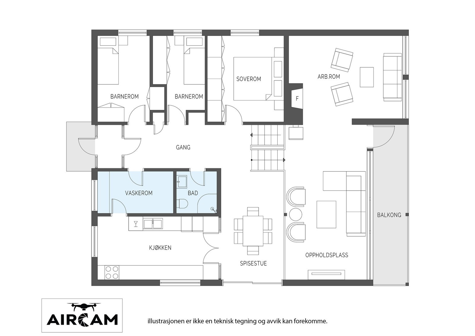 Boligen har i 1.etasje tre soverom, kjøkken, vaskerom, bad, arbeidsrom, spisestue, oppholdsplass og balkong. Galleribilde