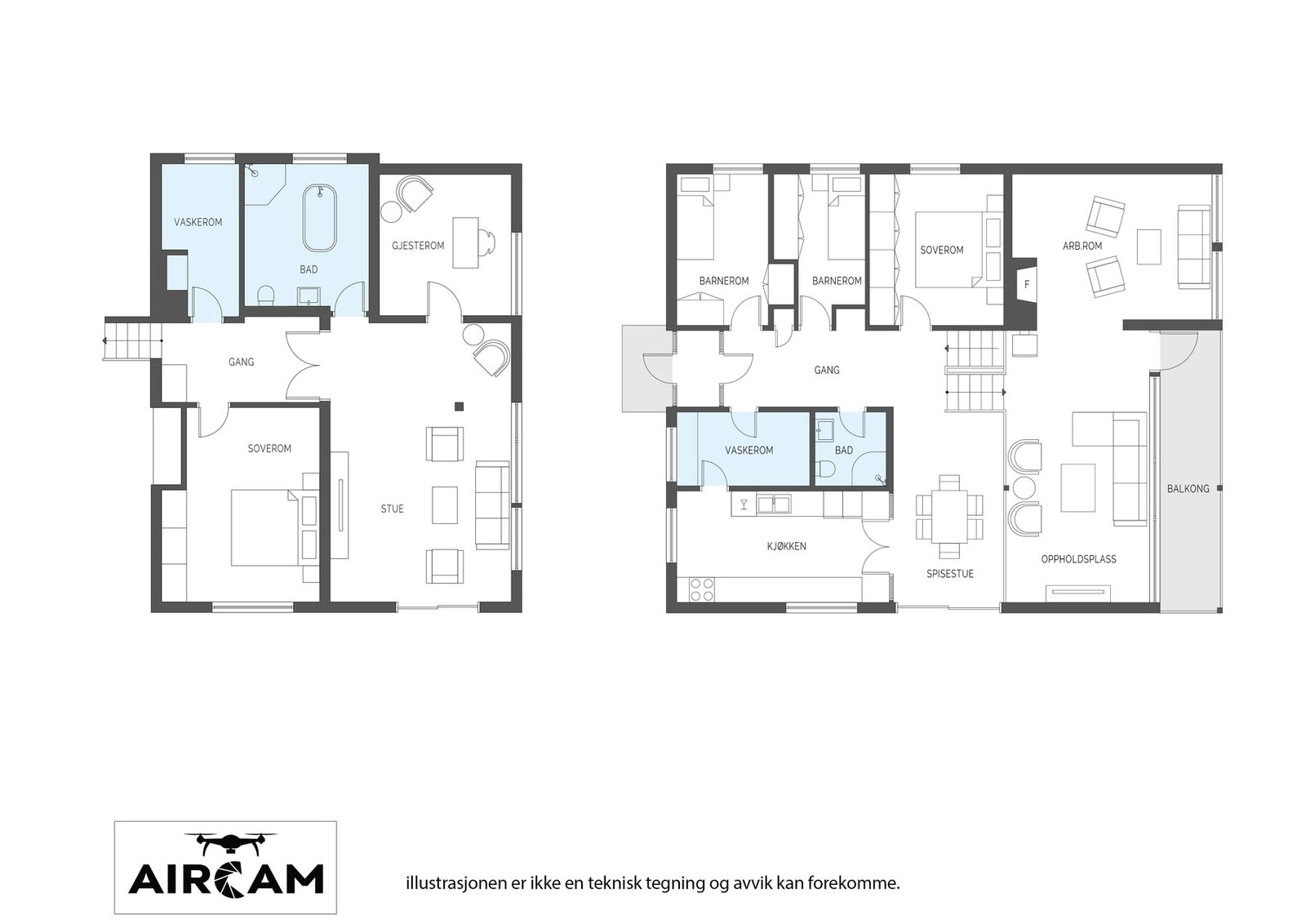 Boligen har to etasjer med stue, kjøkken, fem soverom, to bad, vaskerom, gjesterom, kontor og balkong. Galleribilde