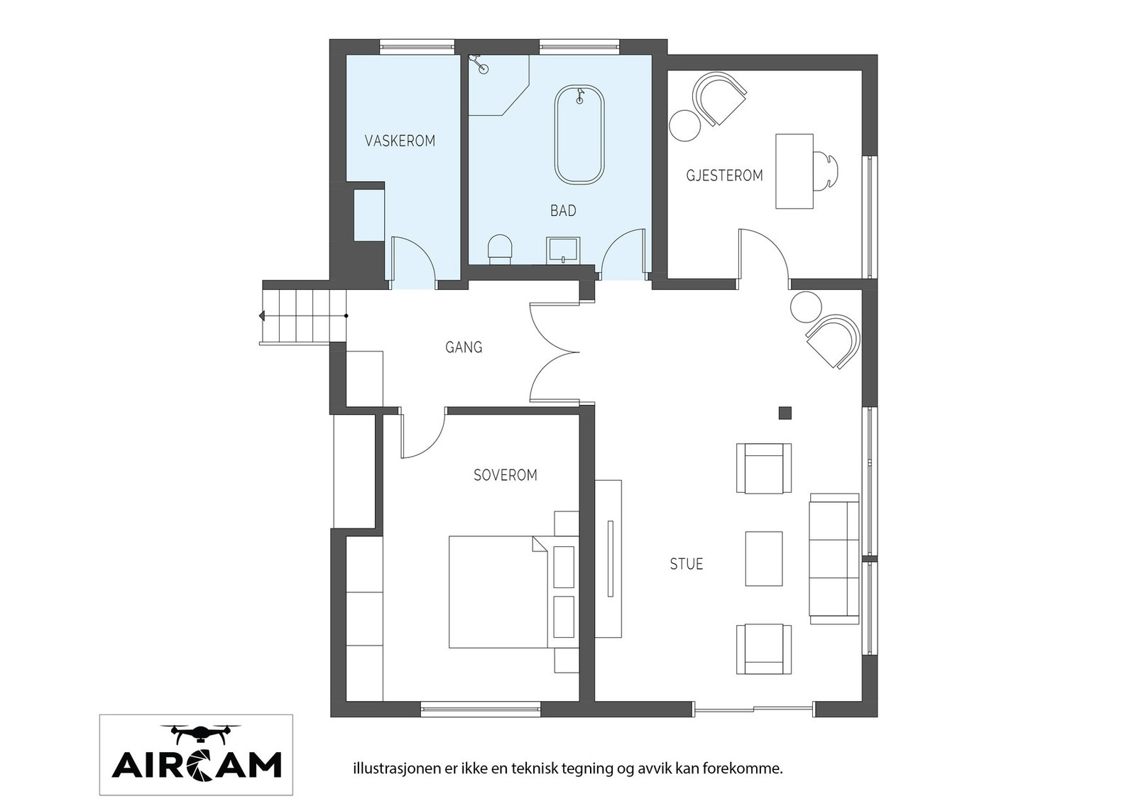 Boligen i u.etasje har gang, stue, soverom, gjesterom, bad og vaskerom. Galleribilde
