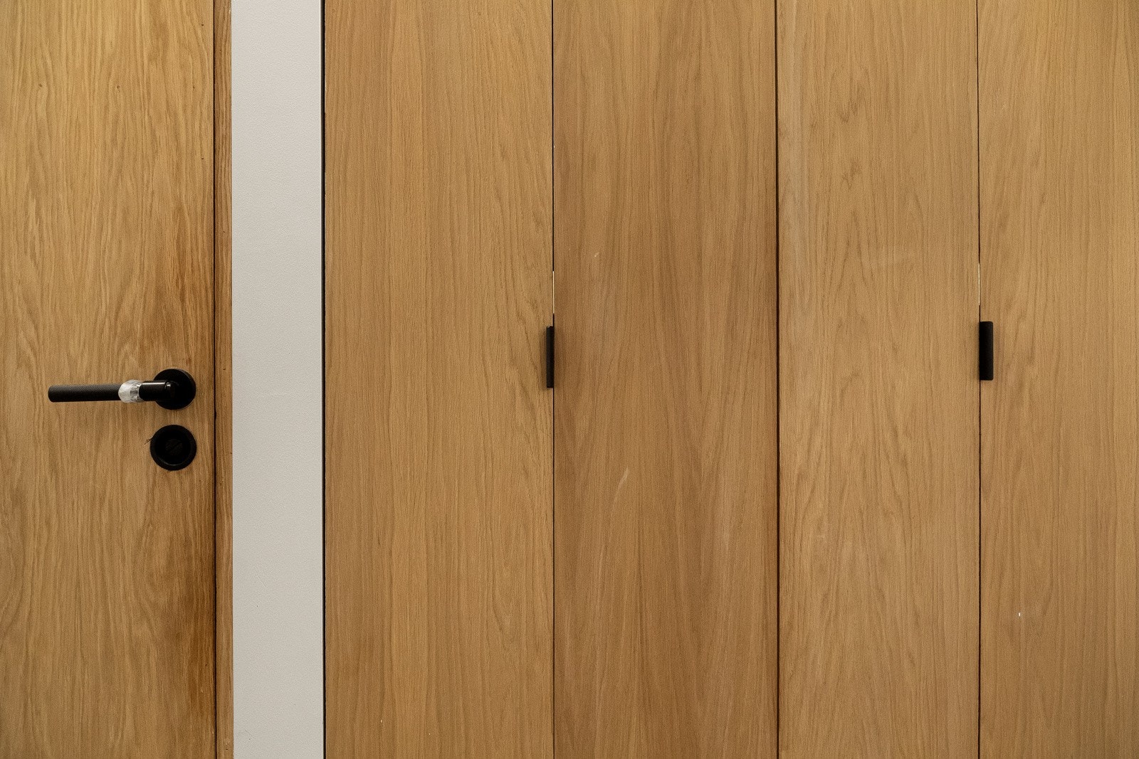 I entreen ryddes jakker og annet yttertøy enkelt bort i et stort og plassbygget garderobeskap med eikefronter. Galleribilde