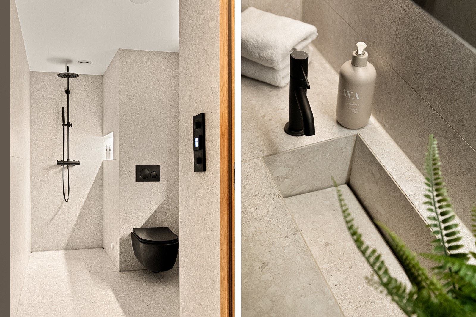 Et åpent dusjhjørne har designsluk, regnfallsdusj og opplyst hylle for hygieneartiklene. Galleribilde