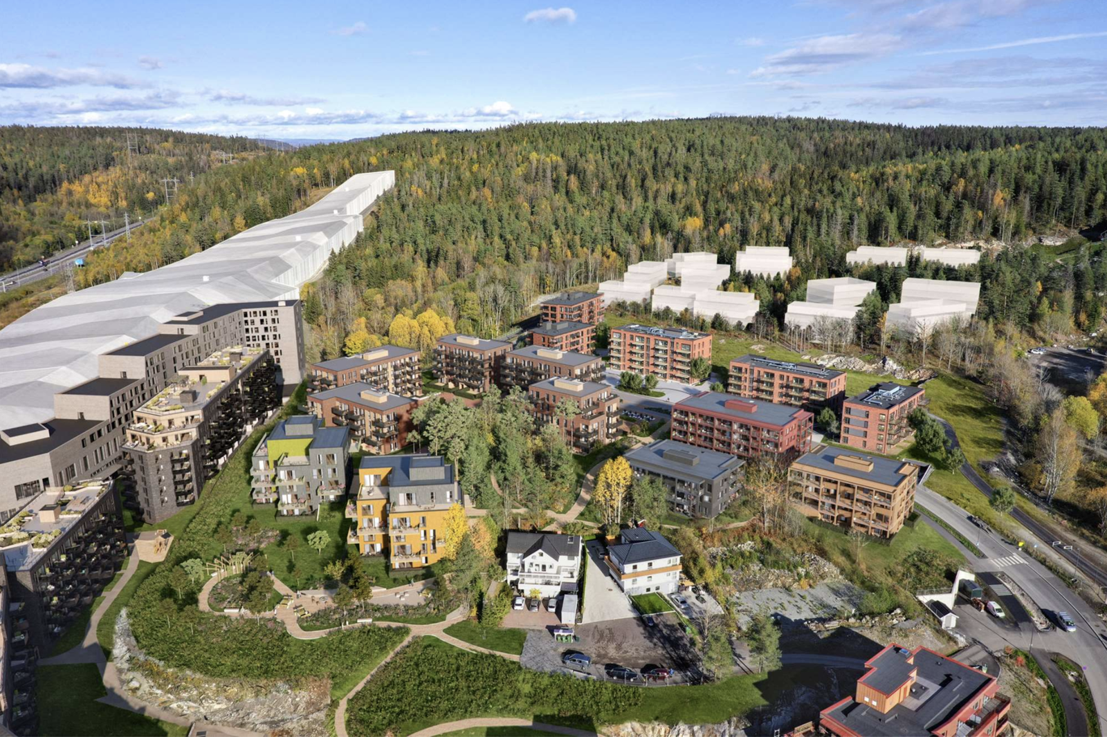 Oversiktsbilde av prosjekt og bebyggelse rundt. Bildet er lånt av utbygger og er kun ment som en illustrasjon av prosjektet Galleribilde