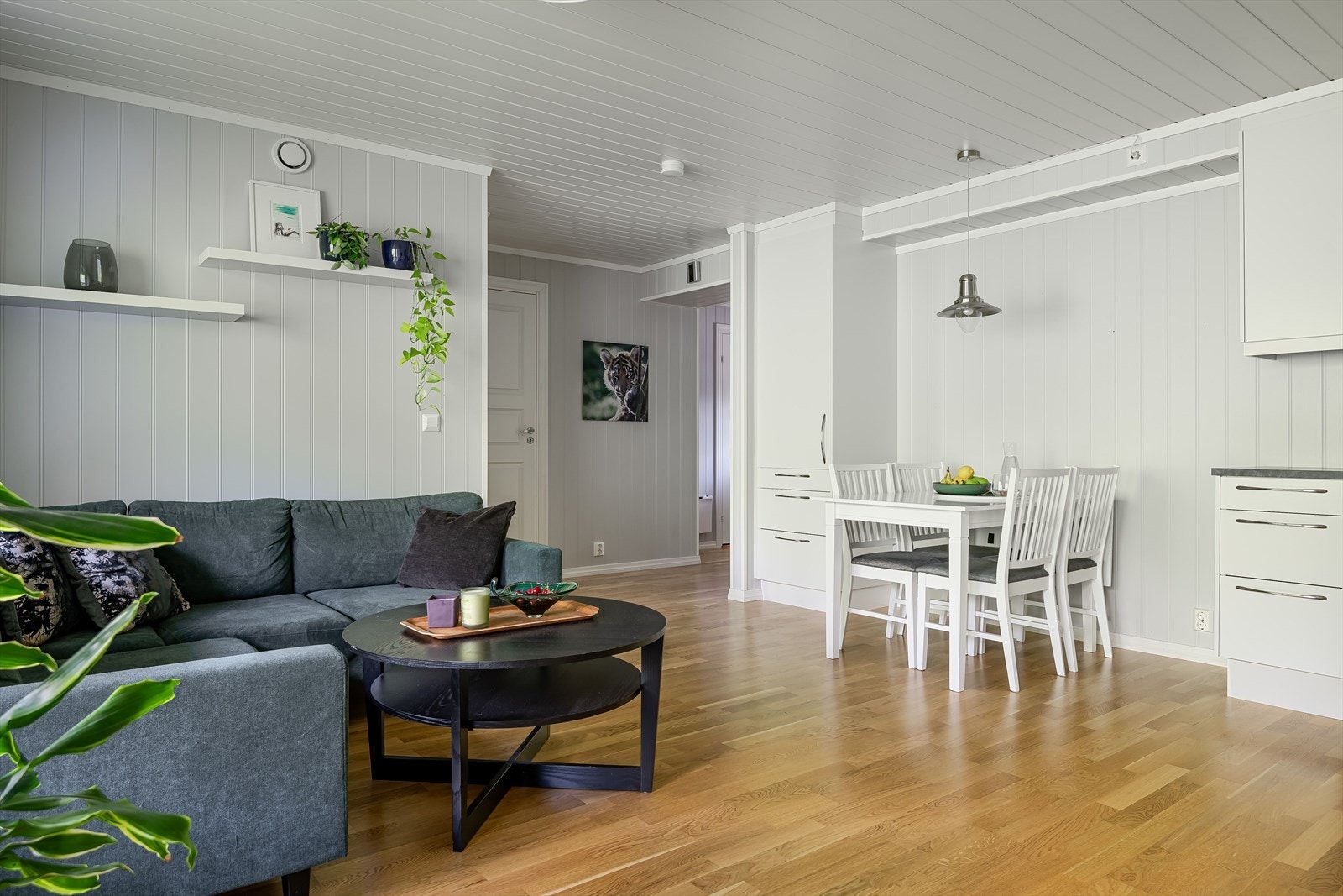 Stuen er romslig og kan enkelt innredes med både sofagruppe med salongbord og et spisebord. Galleribilde