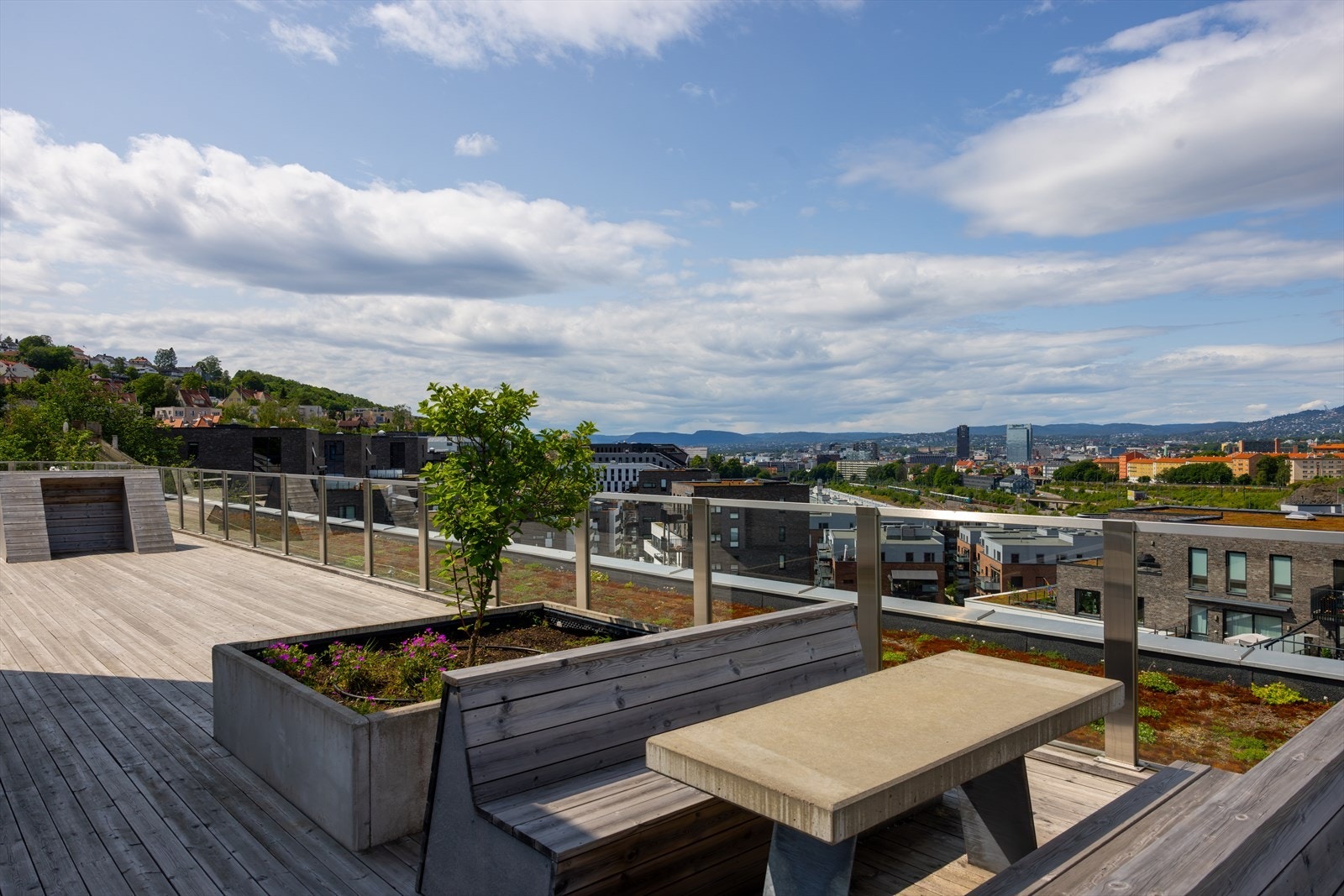 Takterrassen er inndelt i flere soner med sittegrupper Galleribilde