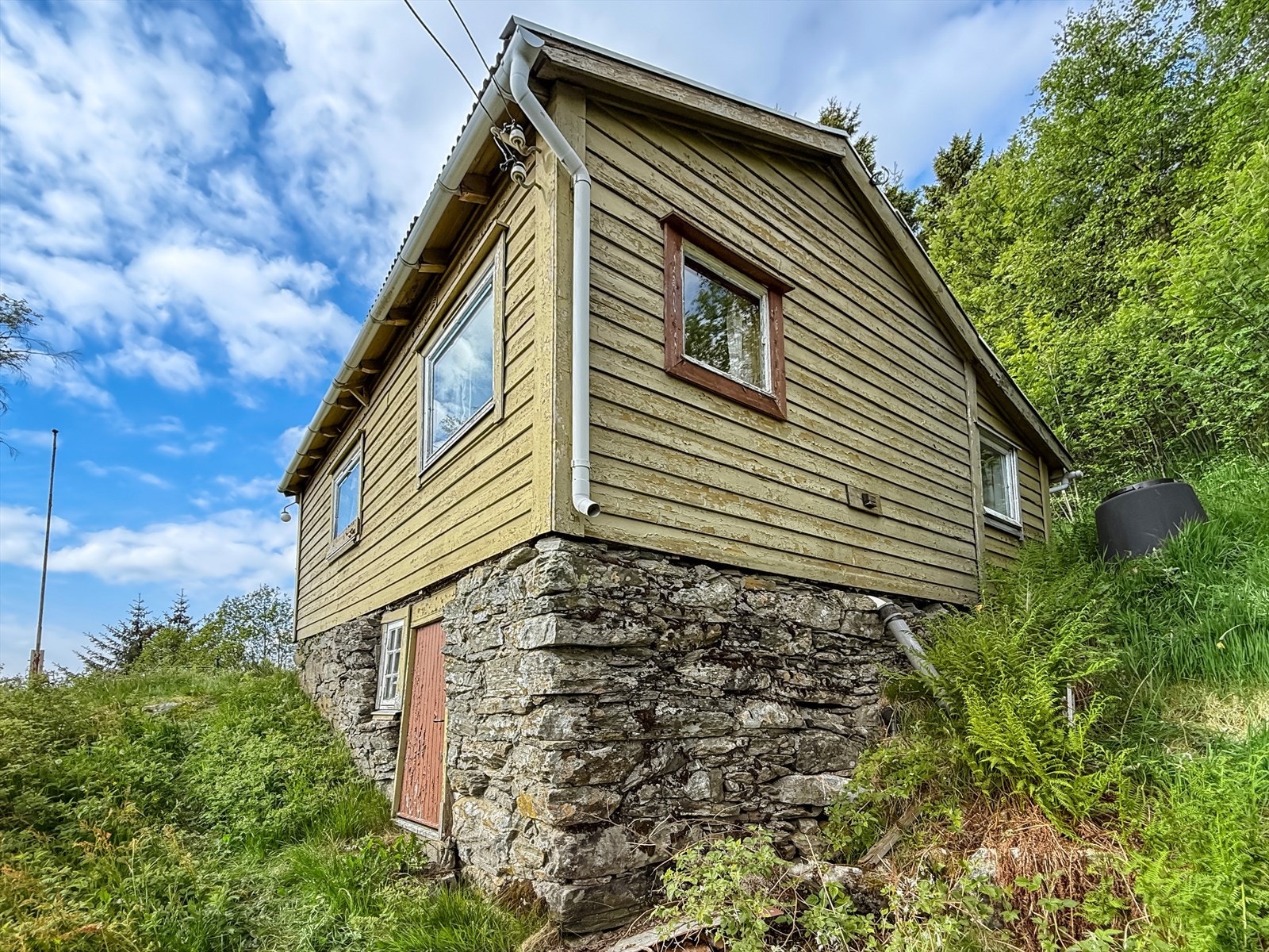 Dør til grovkjeller på ca 10 m² under deler av hytten, med varierende takhøyde og utvendig tilkomst. Her er det plassert et enkelt tørrklosett/utedo Galleribilde