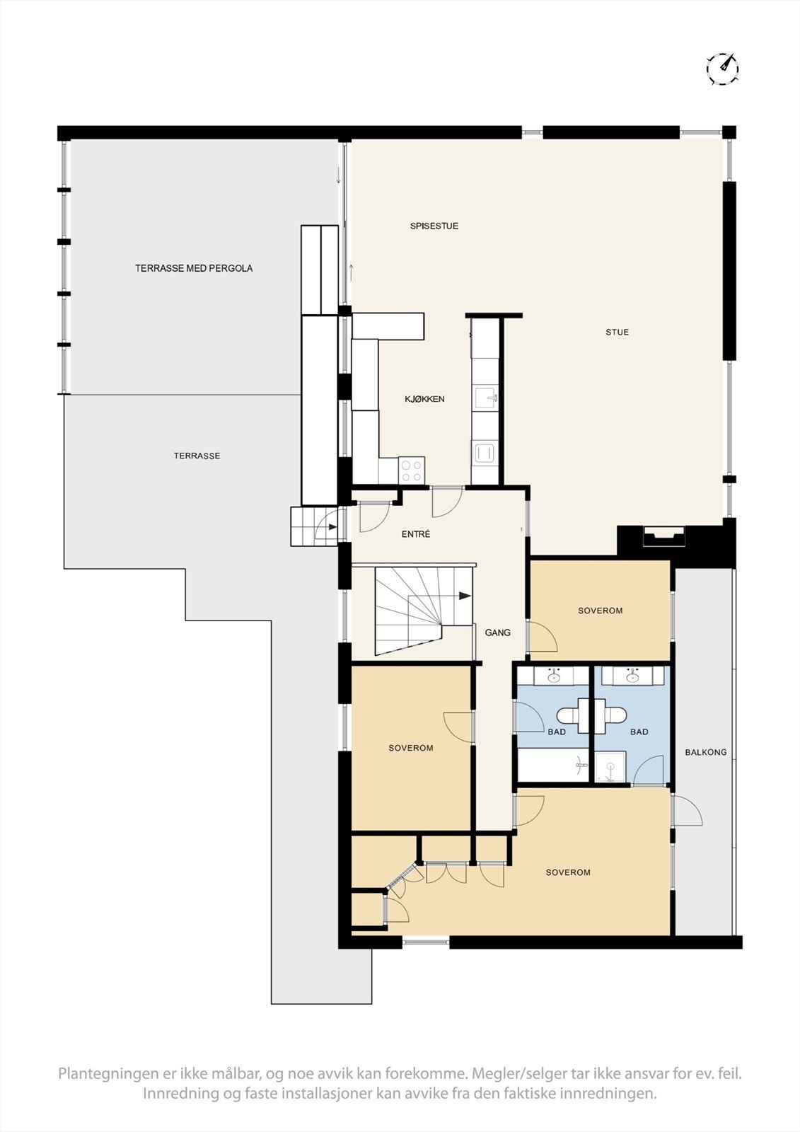 PLANTEGNING HOVEDDEL 1. ETASJE | Entrè, stue med tilhørende spisestue, kjøkken, gang, to bad, tre gode soverom, balkong og terrasse. Galleribilde