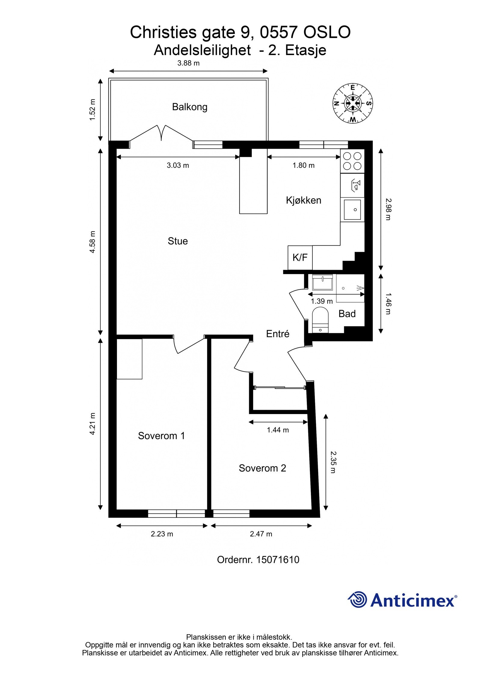 Plantegning 2. etasje. I tillegg disponerer leiligheten en kjellerbod på ca. 3m², samt en loftsbod med gulvareal på ca. 5,6m². Galleribilde