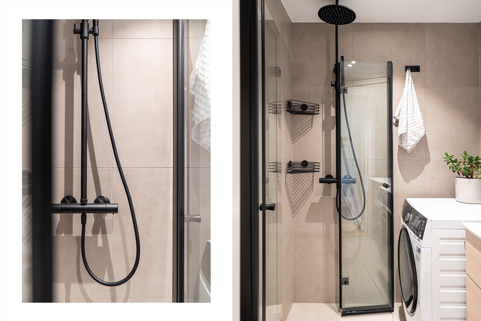 Sorte detaljer med regnfallsdusj fra italienske FIMA og varmekabler i gulv. Galleribilde