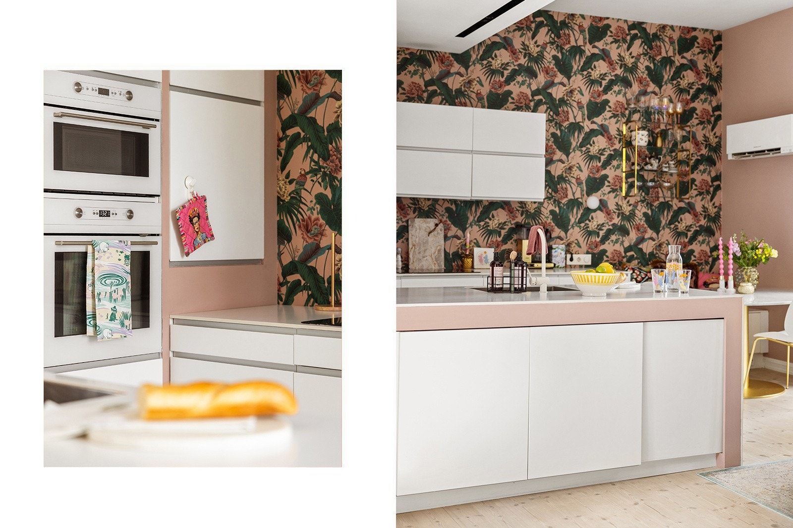 Innredning med glatte, folierte fronter og laminat benkeplate. Lekker tapet på vegg over benkeplaten. Belysning via spottskinne i himling. Galleribilde