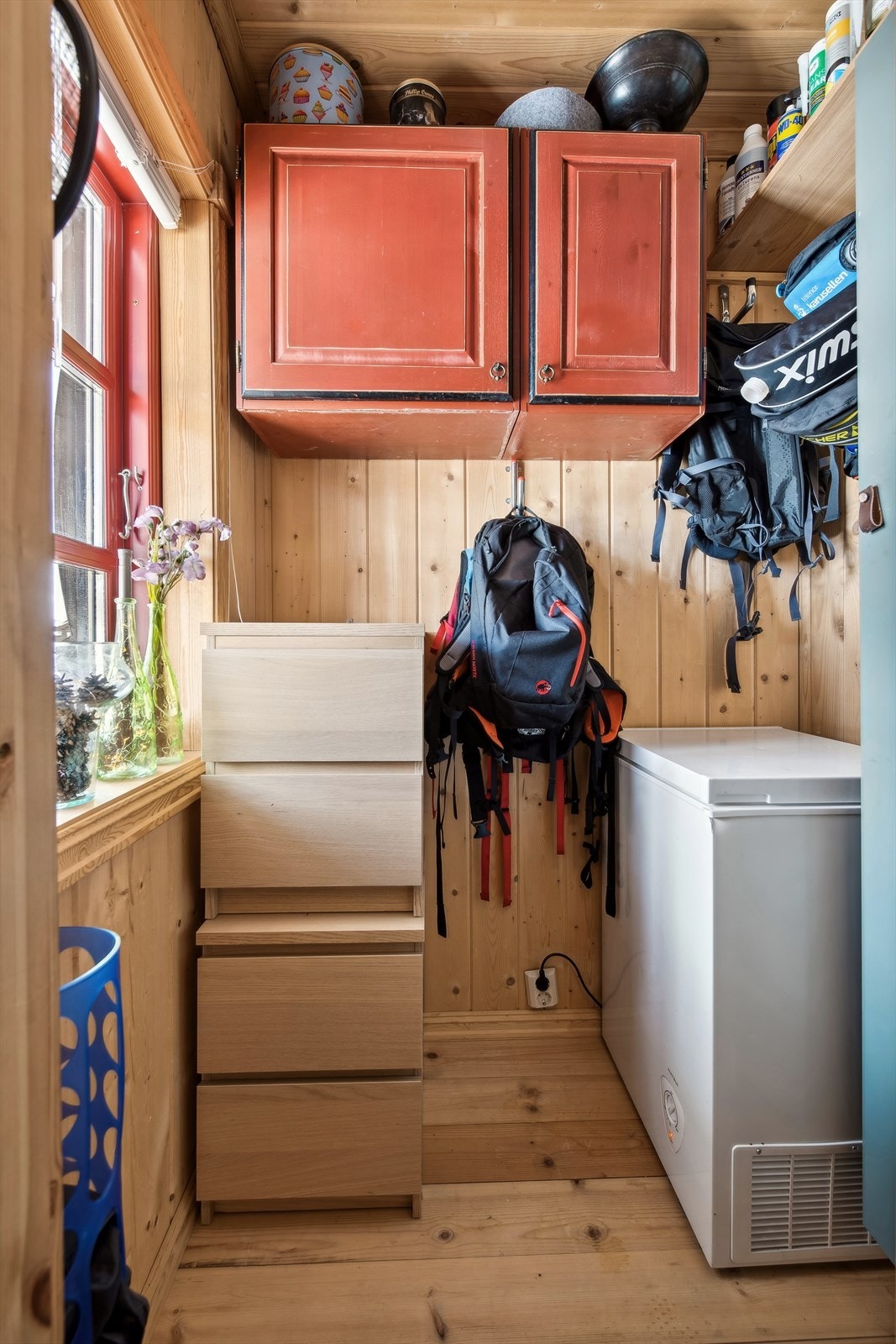 Den lille og praktiske boden/garderoben ved inngangen til hytta tilbyr praktisk lagringsplass og enkel tilgang til utstyr, og er en nyttig tilleggsfunksjon. Galleribilde