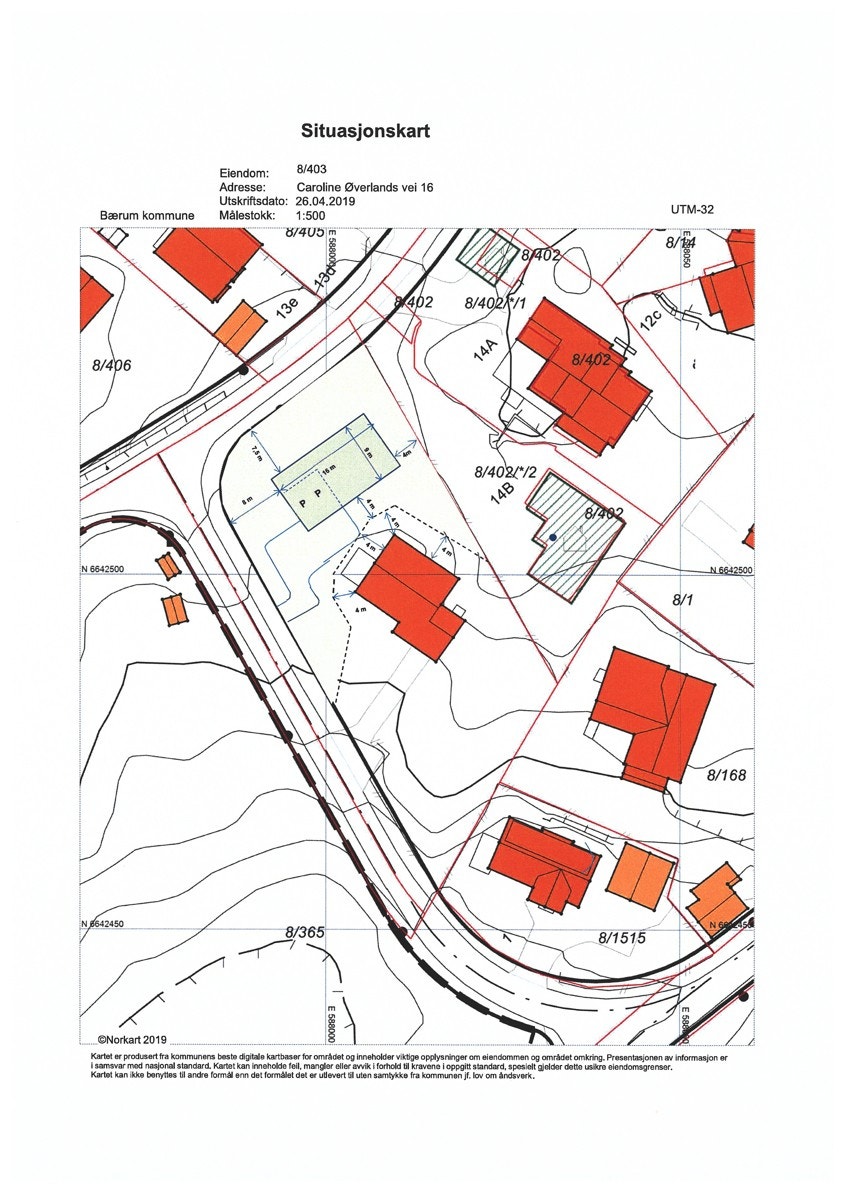 Tomtekart med inntegnet husplassering og adkomst. NB! Grenselinjen er litt annerledes en det endelige målebrevskartet - se forrige bilde. Galleribilde