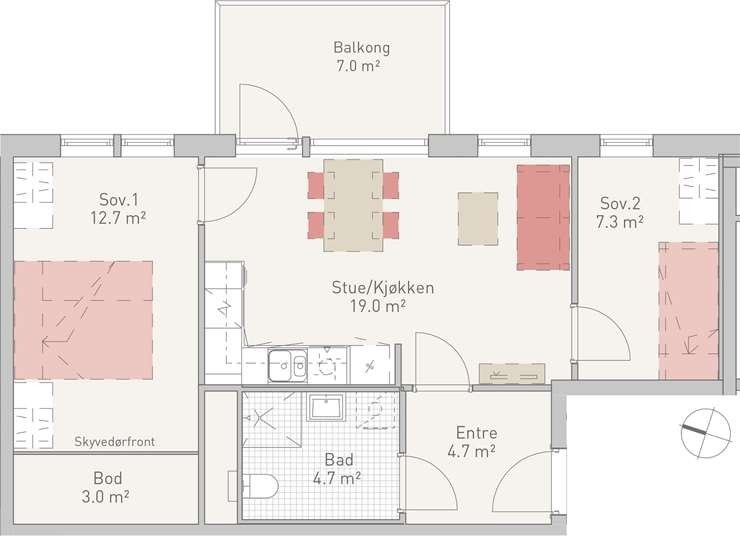 Plantegning. Det medfølger garderobeskap på soverom nummer to. Galleribilde