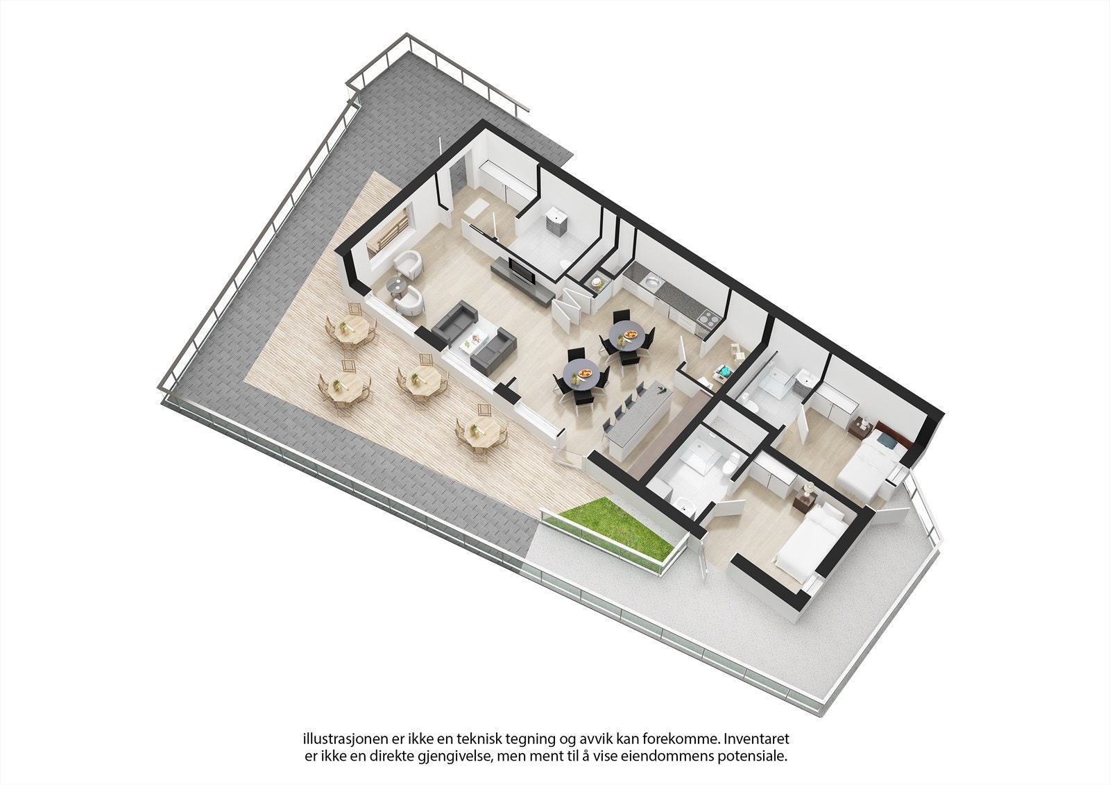 Illustrasjon av felleslokalet i hus B - Gjesterom, kontor, felles terrasse mv. Est. slutten 2025. Galleribilde