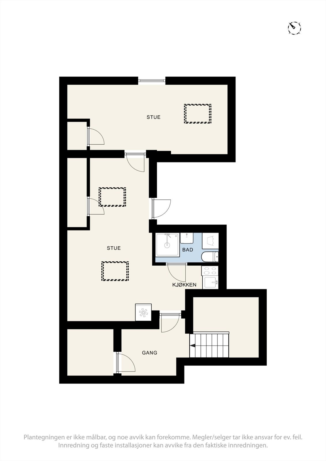 Plantegning loft. Rom ved siden av bad fremgår ikke av plantegning. Galleribilde