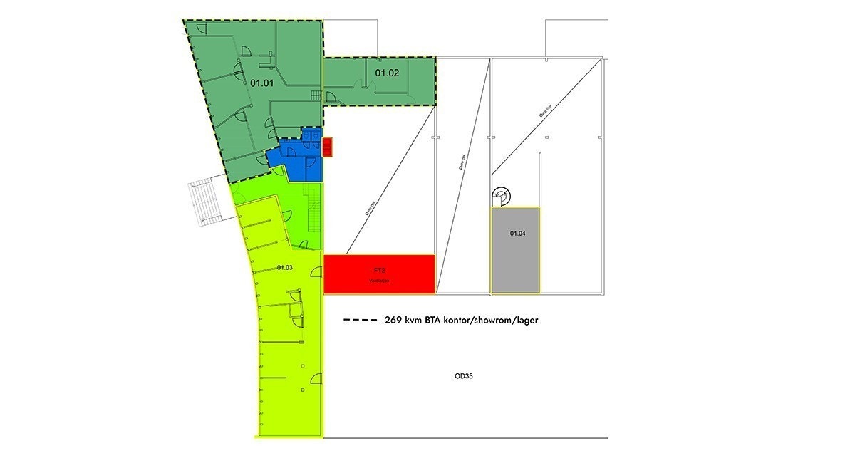 Plantegning 1. etasje - 269 kvm BTA kontor/showrom/lager Galleribilde