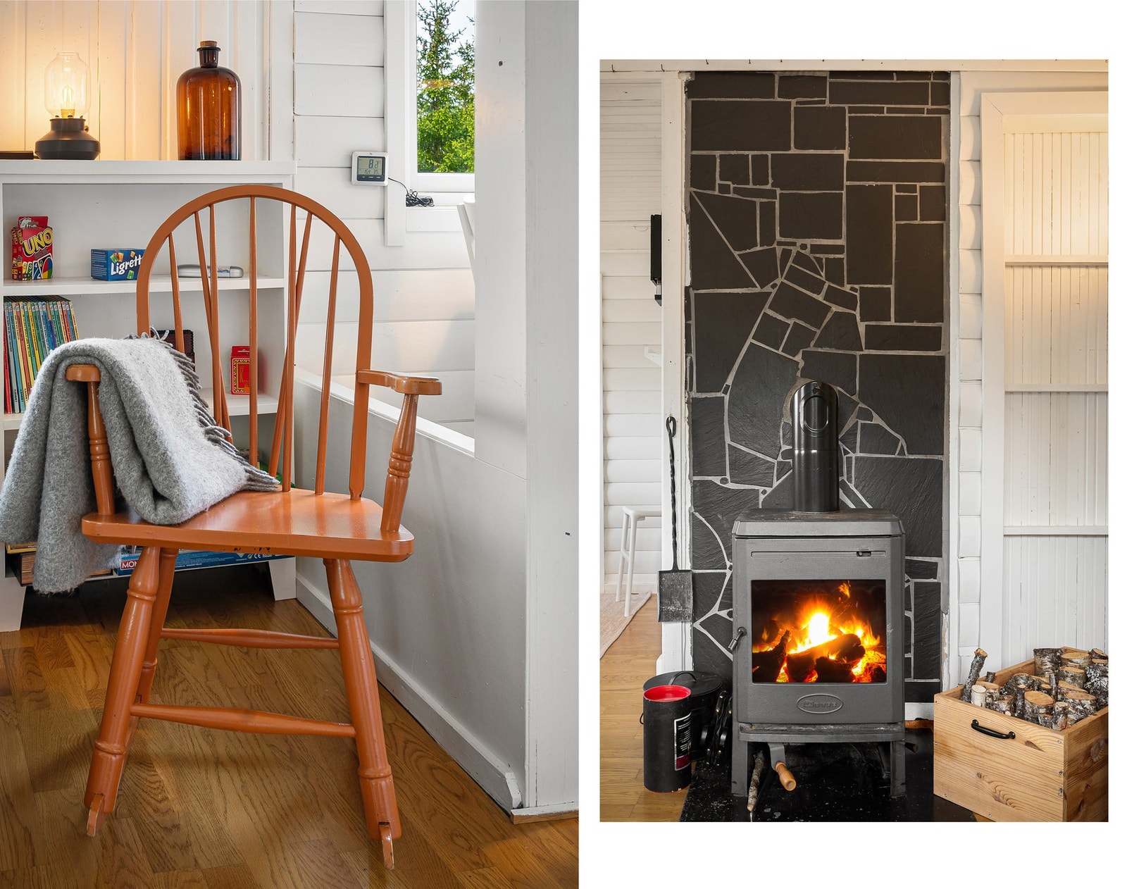 Hyggelig lesekrok hvor du kan nyte varmen fra peisen på kalde dager Galleribilde