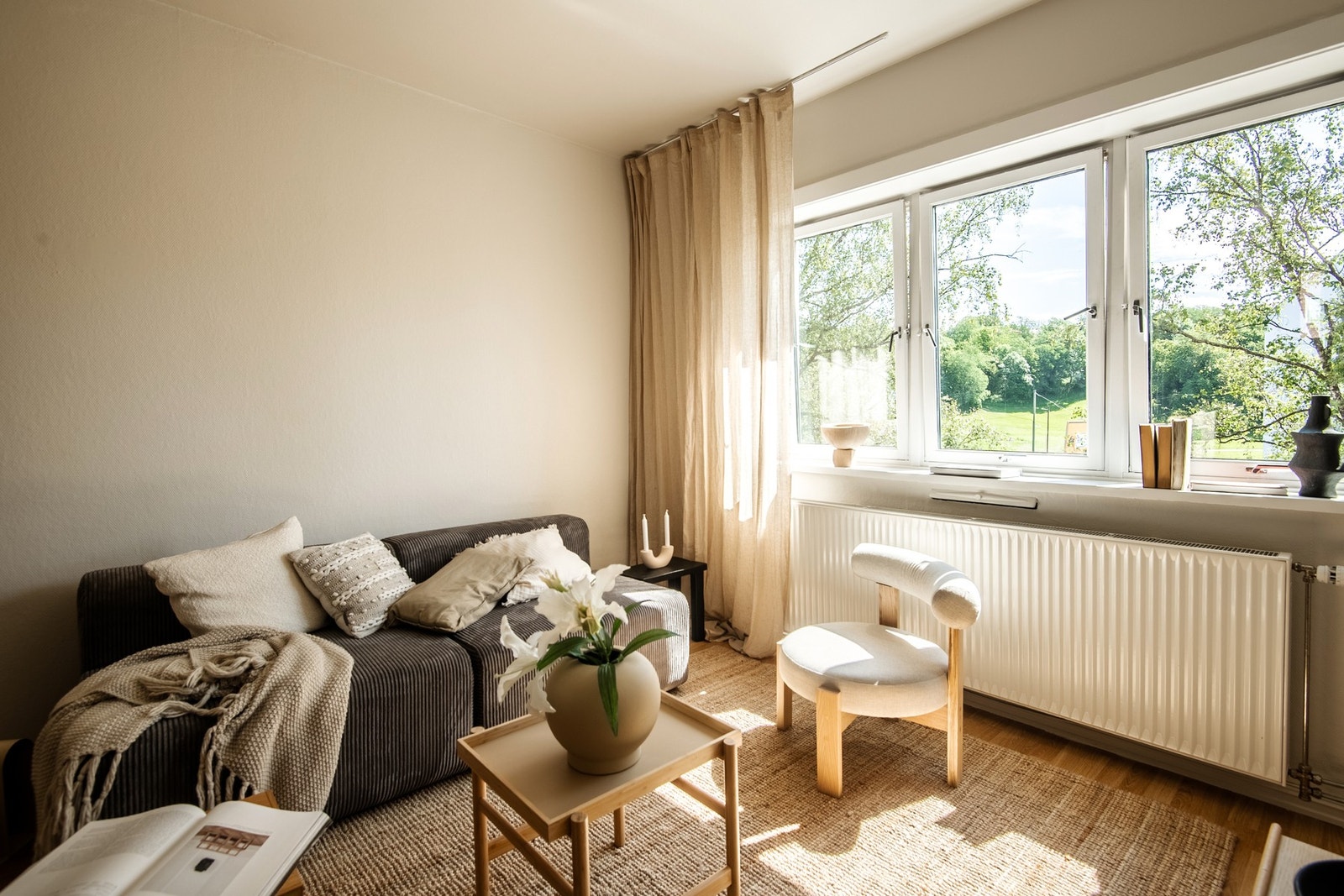 Et stort vindu i enden av rommet gir rikelig med naturlig lys og byr på et hyggelig, grønt utsyn mot Ola Narr. Galleribilde