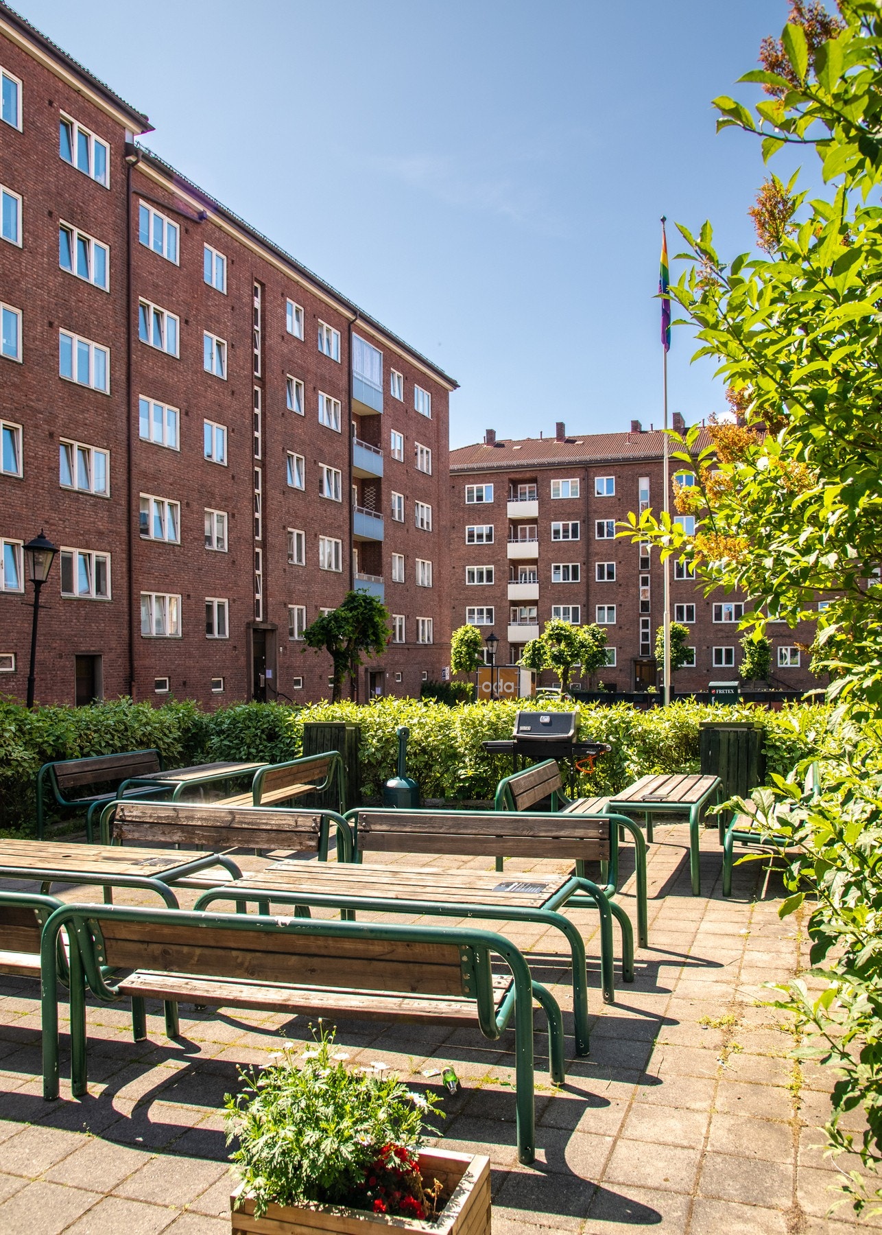 Bakgården er en grønn oase - fredelig, velholdt og skjermet, med sittegrupper, grillplass og stor sykkelparkering. Galleribilde
