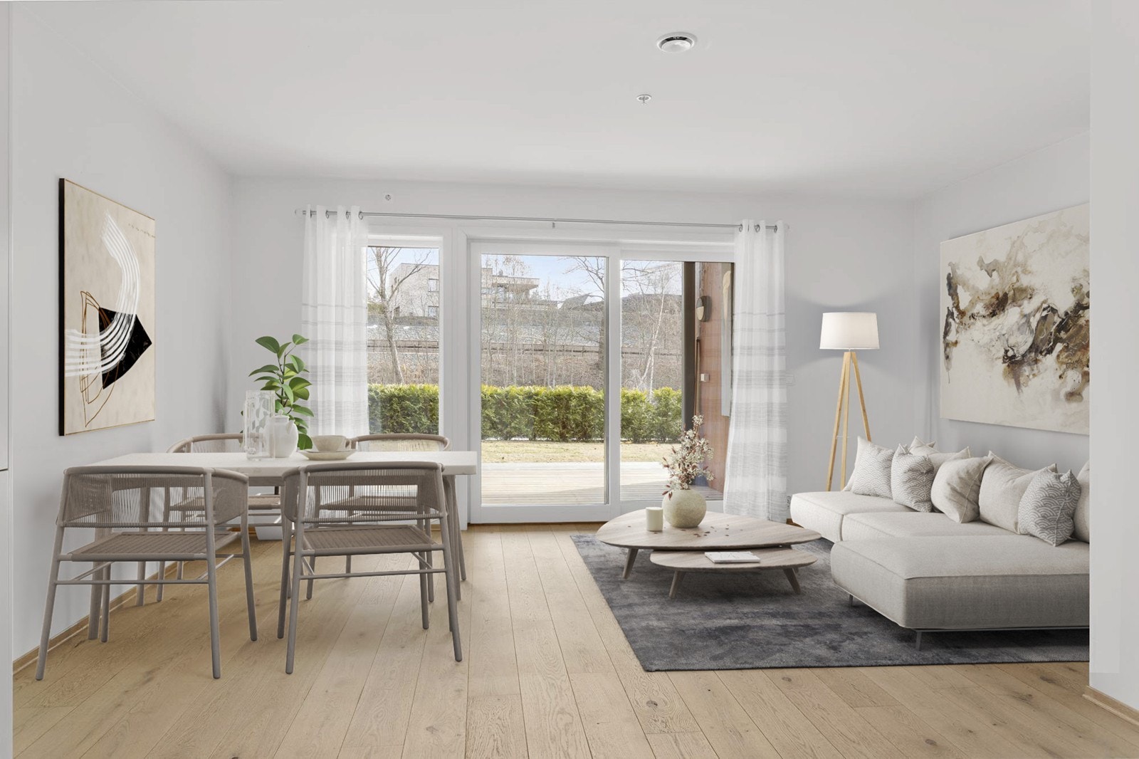 Stuen er lys og innbydende med 1-stavs eikeparkett på gulv og slette vegger malt i en moderne og stilren fargetone (digital styling). Galleribilde