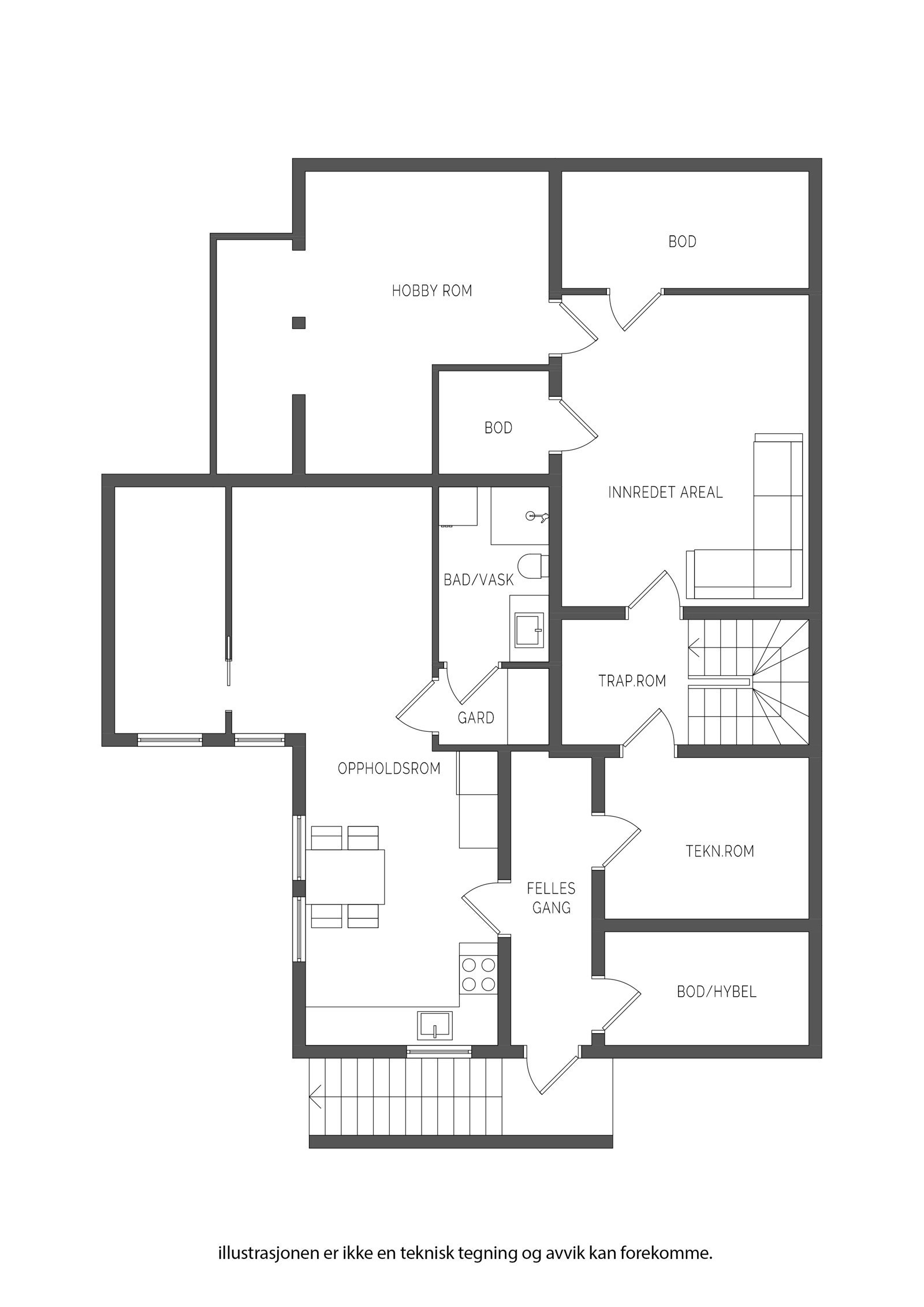 Planløsning for underetasjen - merk hybel har låsbar dør inn til hoveddel via entré/gang. Galleribilde