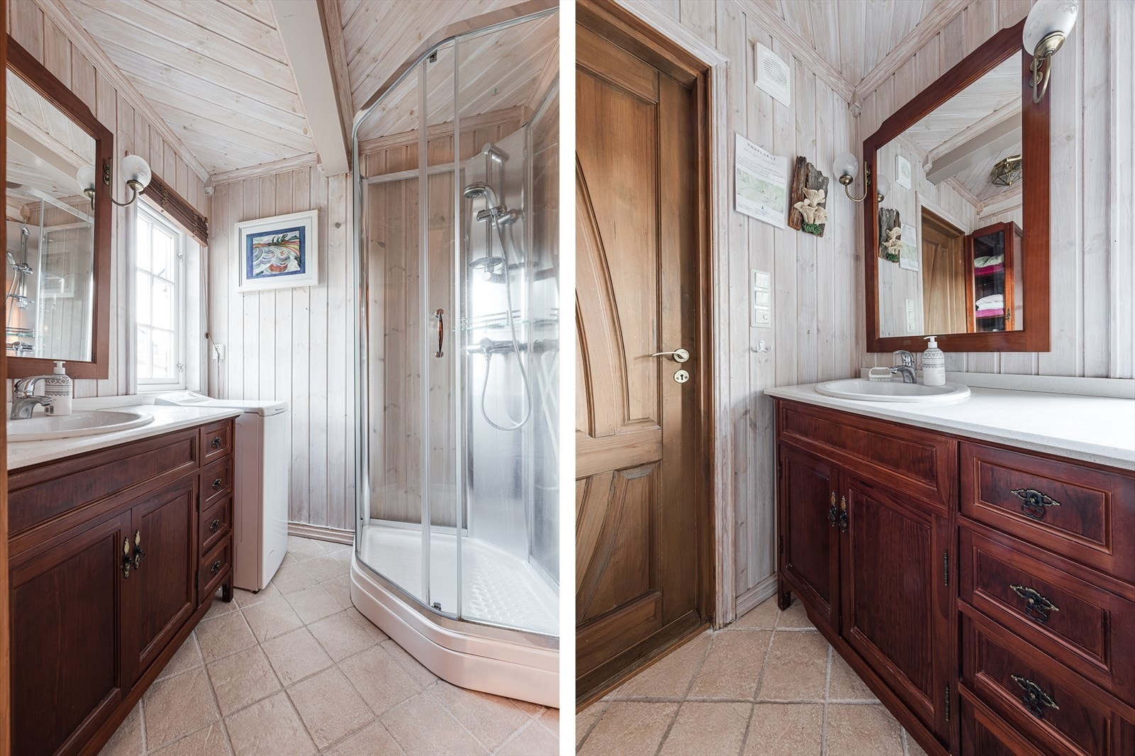 Lyst og pent delvis flislagt baderom. Baderommet har dusjkabinett, stor baderomsinnredning, gulvvarme og opplegg for vaskemaskin og tørketrommel. Samt vindu for god gjennomlufting. Galleribilde