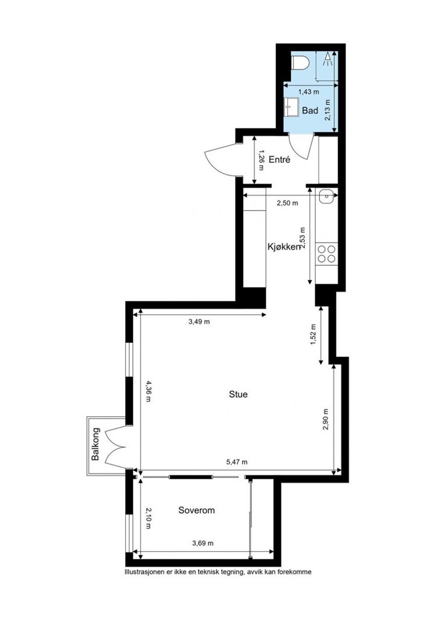 Plantegning. Leiligheten disponerer også loftsbod på ca. 5 kvm Galleribilde