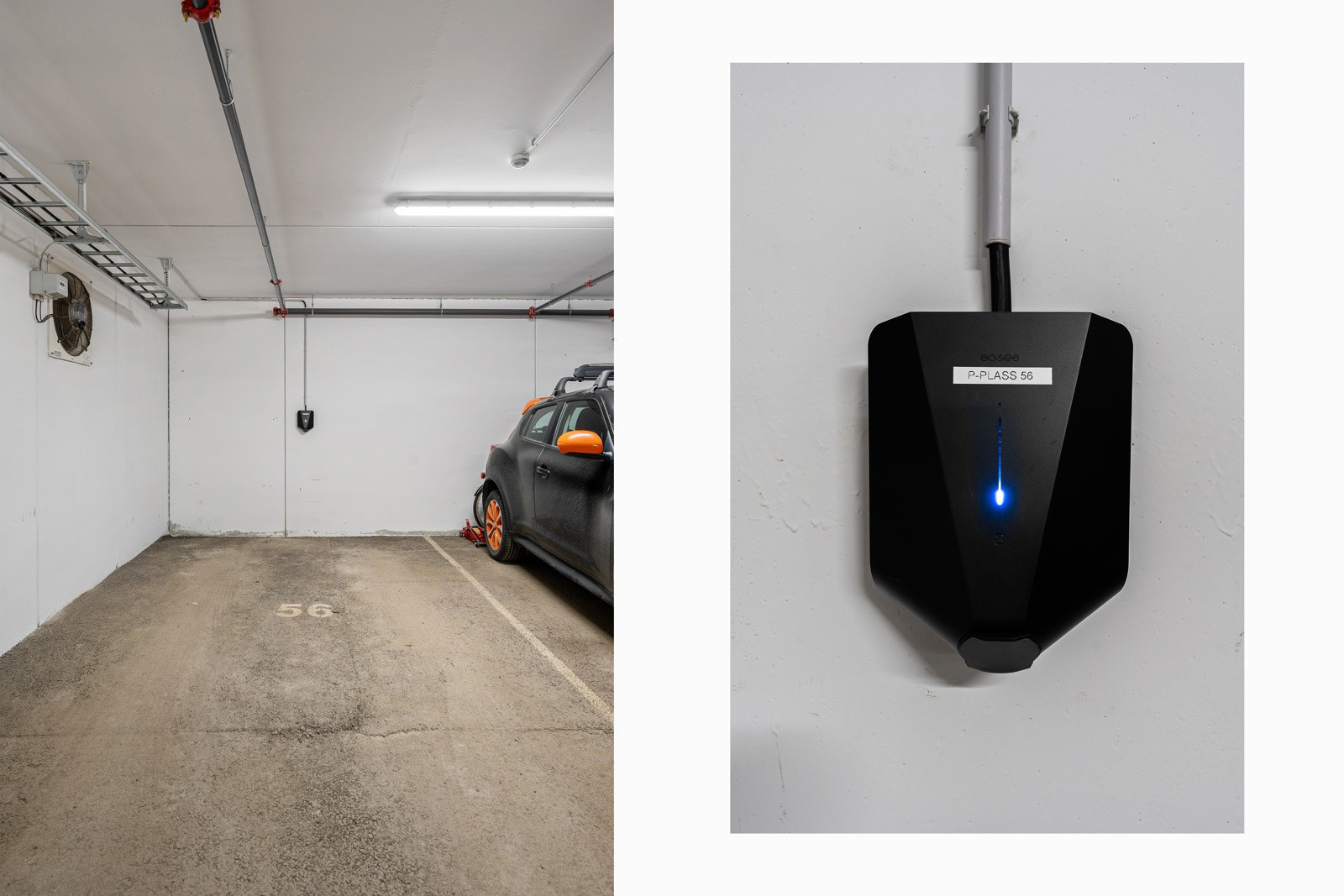 Tilhørende parkeringsplass med opplegg for elbil.