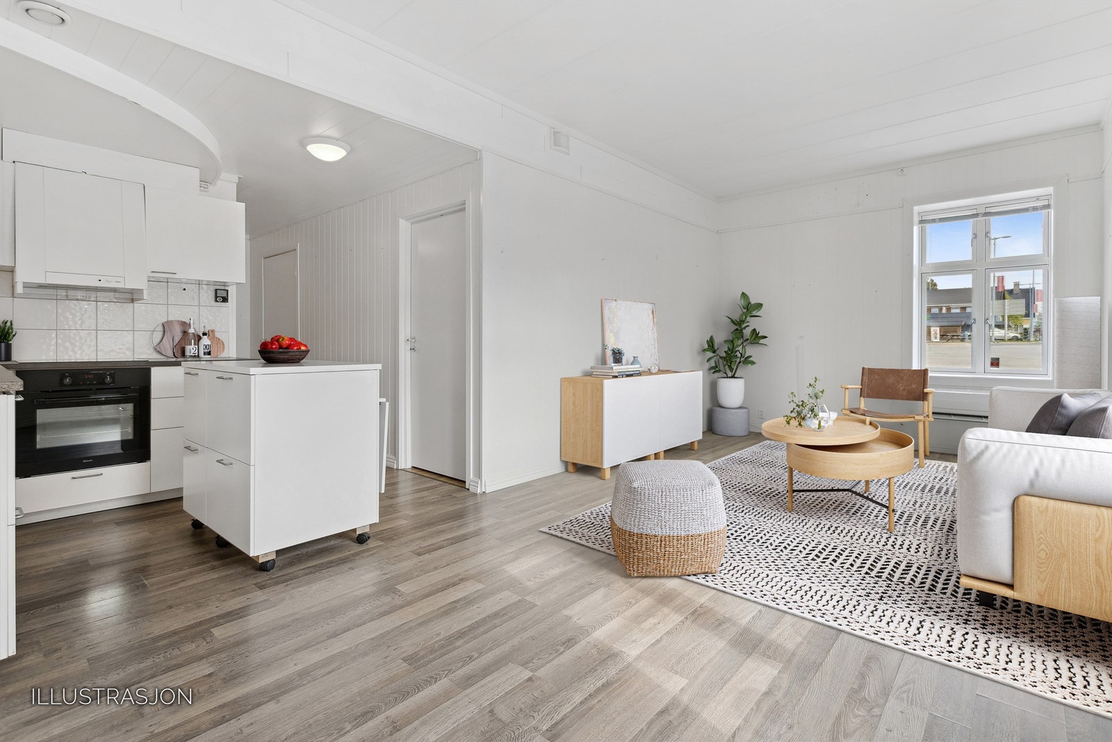 Stue og kjøkken med muligheter for både sofa- og spiseplass. Bildet har illustrert møblering. Galleribilde