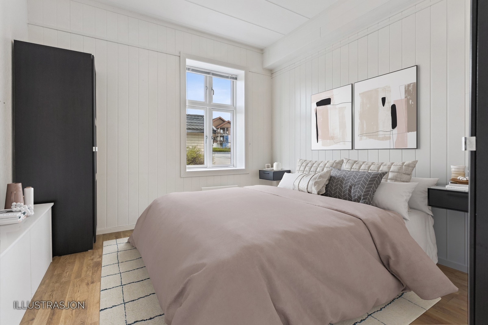 Soverom med plass til dobbeltseng og nattbord. Bildet har illustrert møblering. Galleribilde