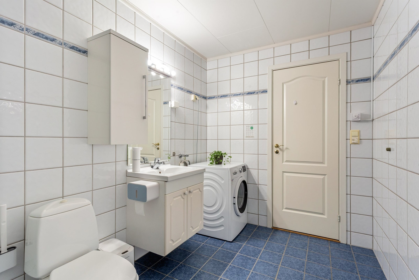 Dusjkabinett og gulvstående toalett. Mekanisk avtrekk. Opplegg for vaskemaskin. Galleribilde